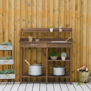 Outsunny Pflanztisch Blumentisch mit Schublade 2 Stufen, mit waschbecken und Rollen (Arbeitstisch, 1-St., Gärtnertisch), für Garten, braun