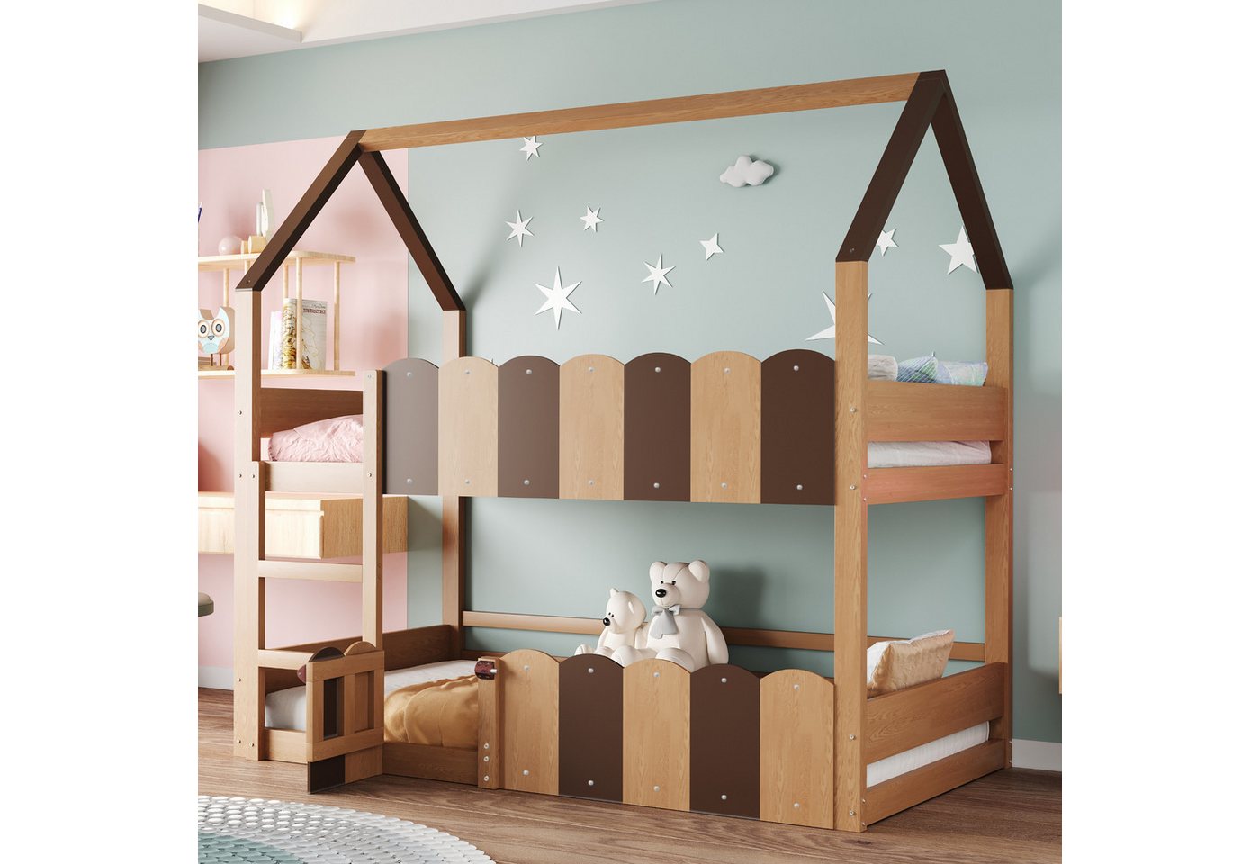 Merax Etagenbett aus Massivholz im Haus-Design (1-St., Jugendbett Hausbett Hochbett), Kinderbett 90x200cm mit Leiter Tür Sicherheitsgeländern Unterbereich
