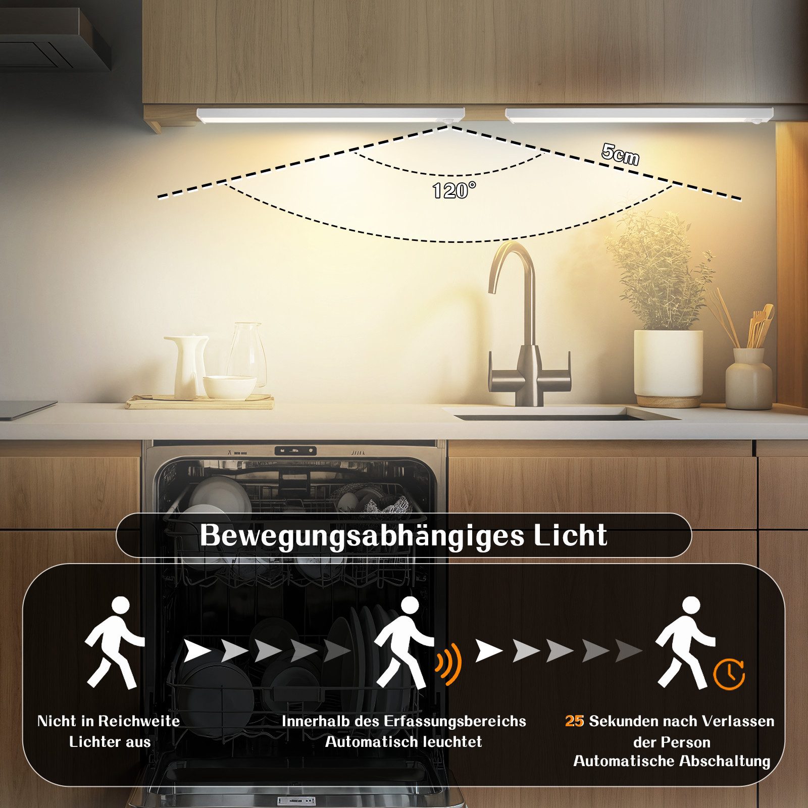 Nettlife LED Unterbauleuchte Bewegungsmelder dimmbar 20/30/40 cm wählbar USB Schrankbeleuchtung, LED fest integriert, 3 Farbtemperatur Aufladbar Schrankleuchte  – Bild 5 von 5
