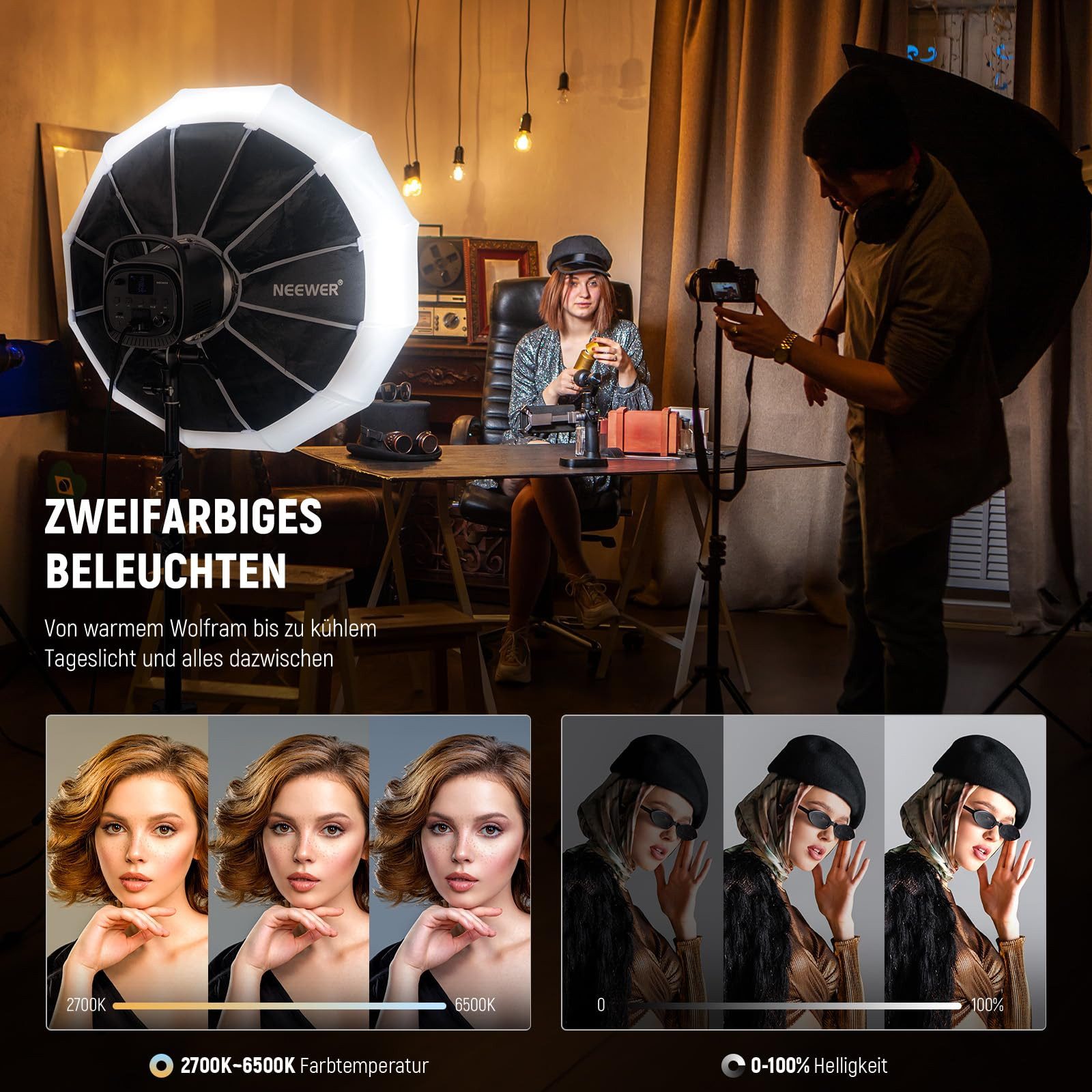 Neewer Videoleuchte CB120B 120W LED Videoleuchte, 2,4 G APP Steuerung, COB, zweifarbig, 2700K–6500K, 12 Szenen/Bowens Halterung, Dauerlicht für Studio