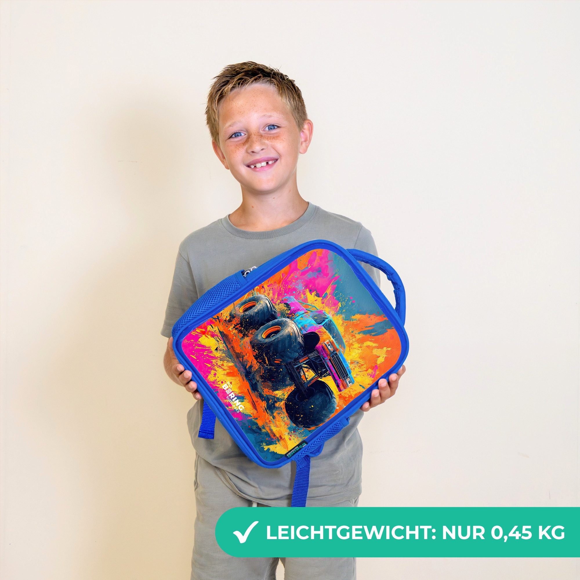 NoBoringSuitcases.com© Rucksack Blau - Monstertruck - Farbspritzer - Bunt - Explosion, Kinderrucksack, Schulrucksack, Freizeitrucksack, Jungen, Kindergarten