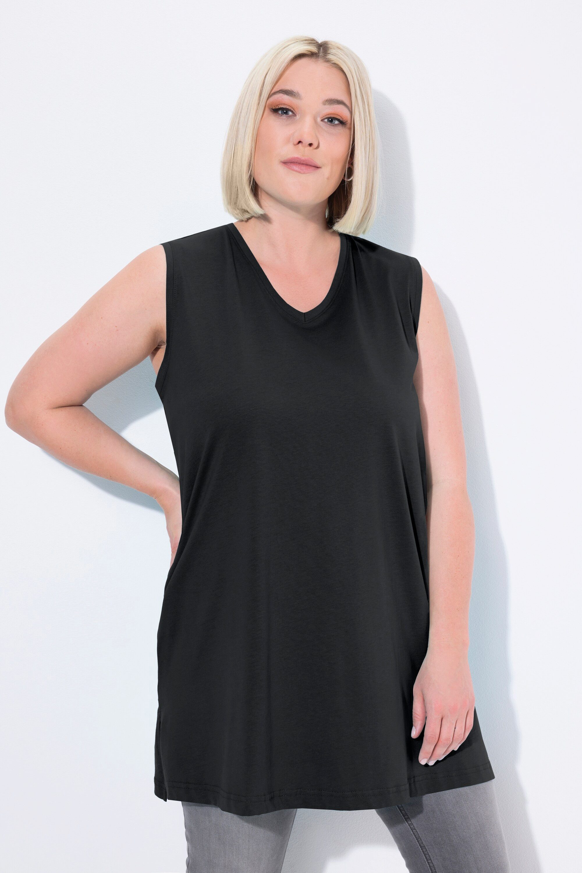 Ulla Popken Longtop Top V-Ausschnitt Relaxed ärmellos Baumwolle