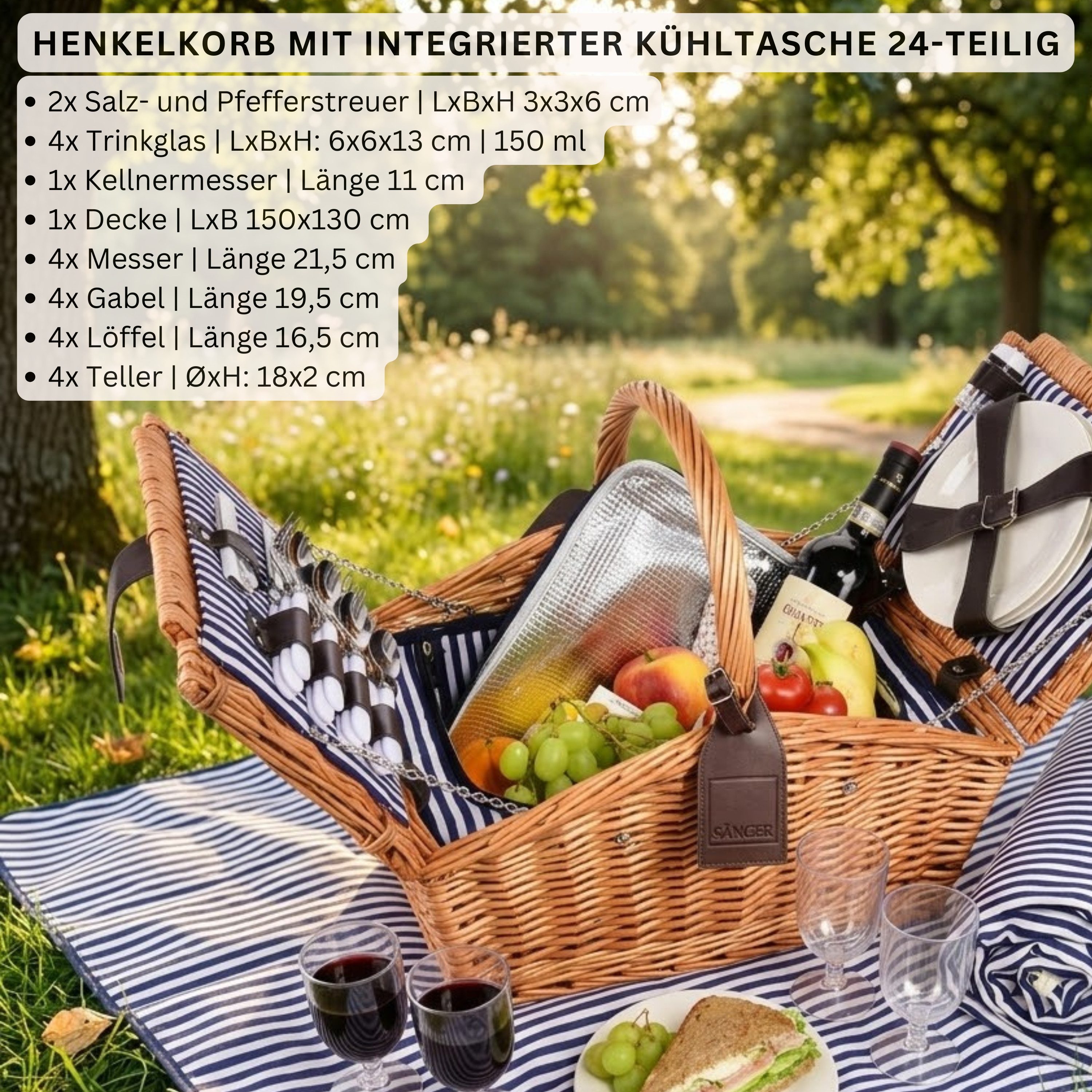 SÄNGER Picknickkorb Sylt (Set, 24 St., Picknickkorb), 4 Personen, Picknickdecke & Geschirr