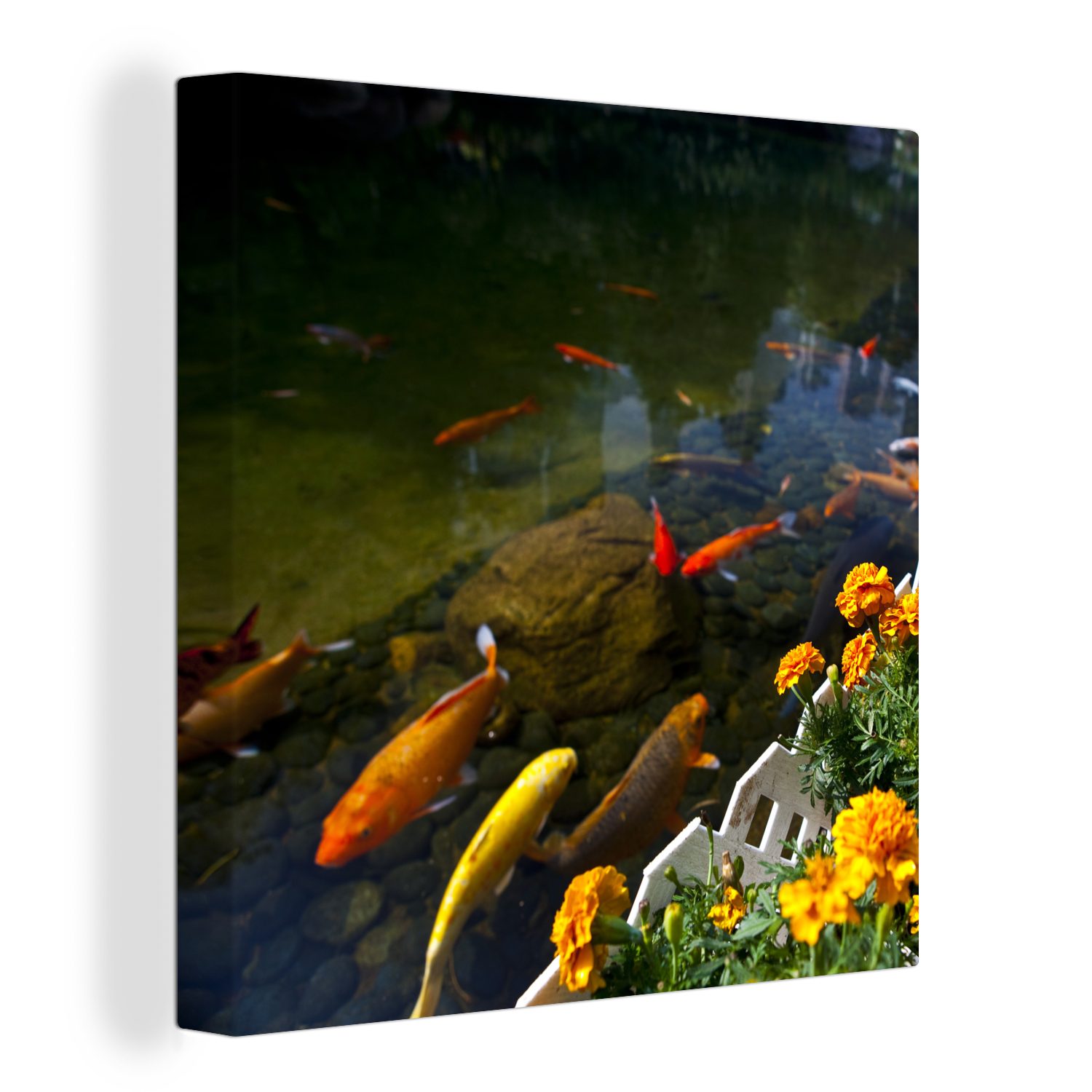 OneMillionCanvasses® Leinwandbild Koi-Karpfen Bilder Wohnzimmer Blumen, Teich mit Schlafzimmer einem in (1 für Leinwand St)