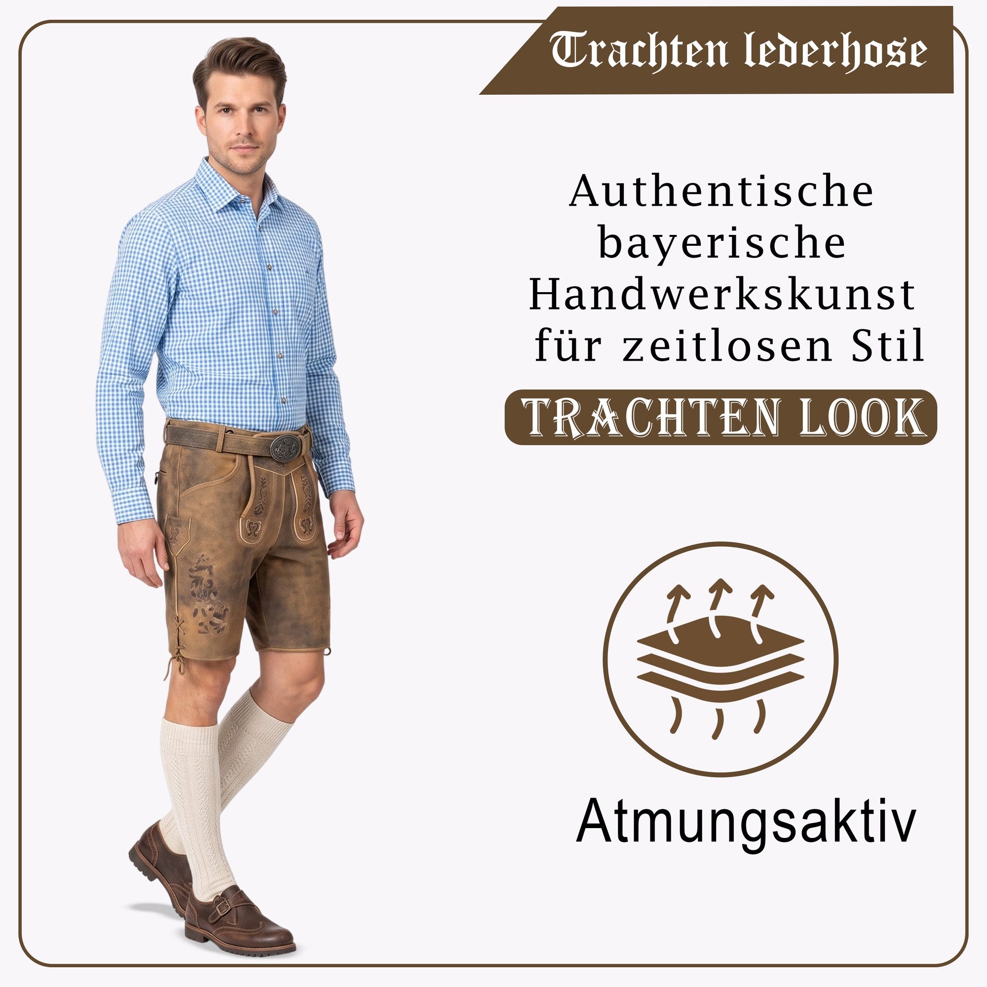 German Wear Trachtenlederhose GW722 kurze Lederhosen Hans 100% Nappa-Wildleder mit Gürtel