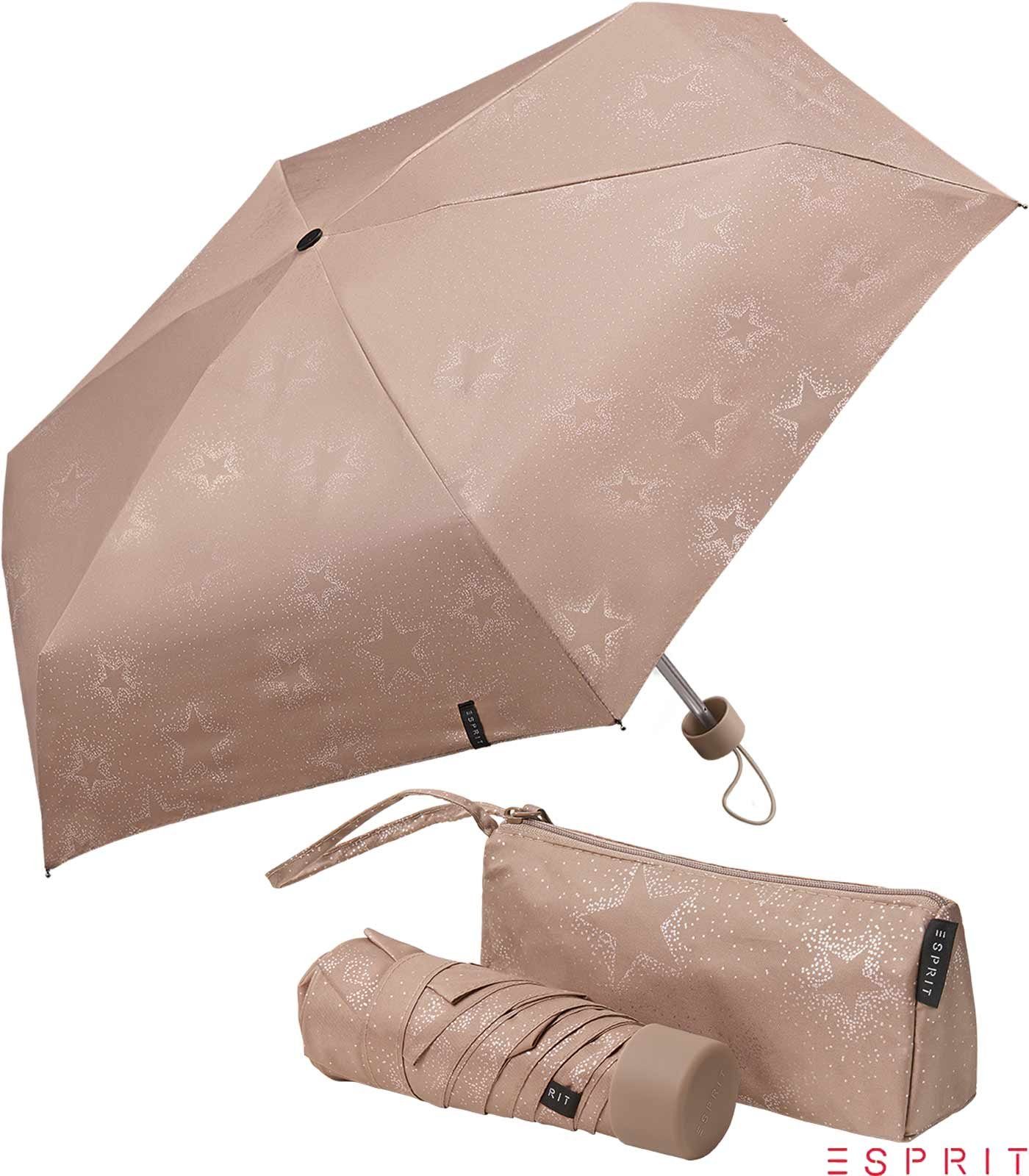Esprit Taschenregenschirm Ultra Mini Pouch mit Tasche - Starburst - taupe gray metallic, winzig klein, in einer praktischen Tragetasche