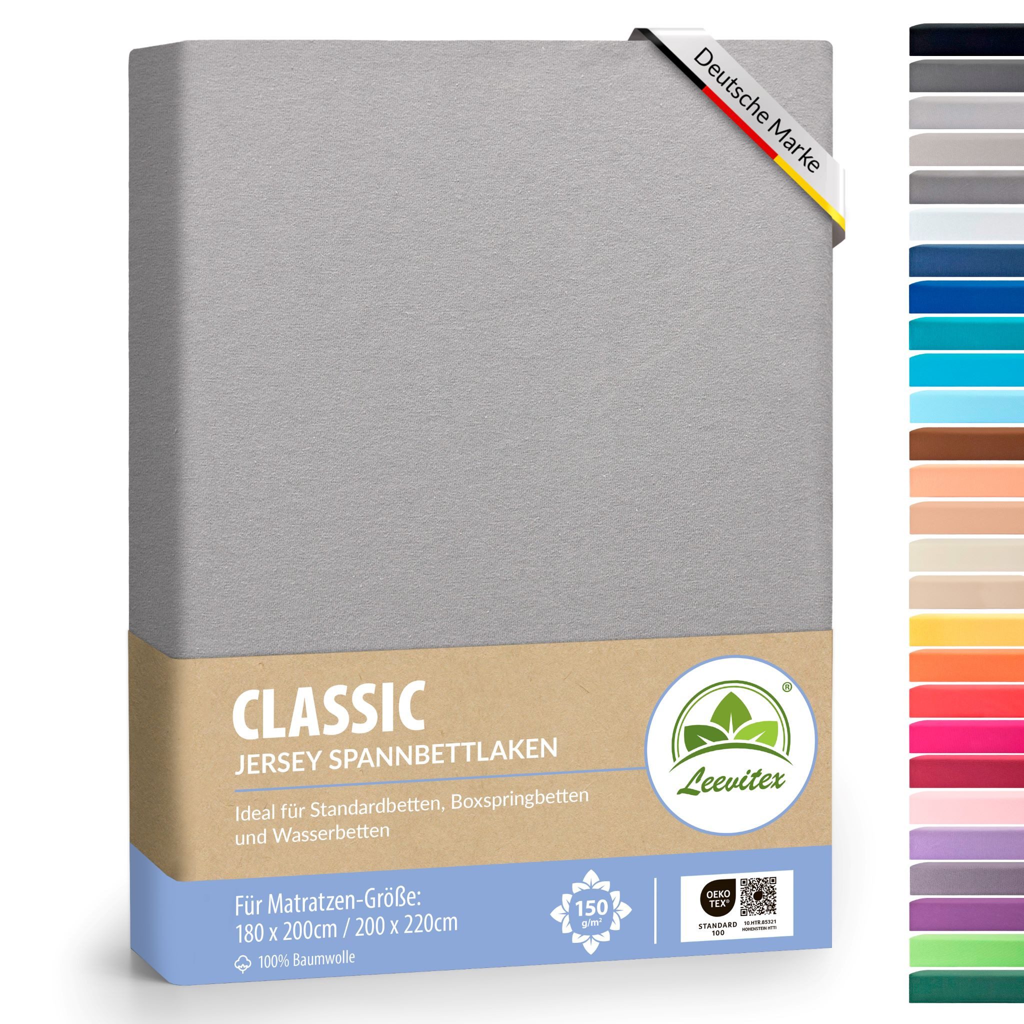 leevitex® Spannbettlaken 180x200 - 200x220 cm, 40 cm Steghöhe, Stoffdicke 150 g/m², Jersey, Gummizug: rundum, (1 Stück), OEKO-TEX® Standard 100 Zertifikatsnummer 10.HTR.85321 zertifiziert