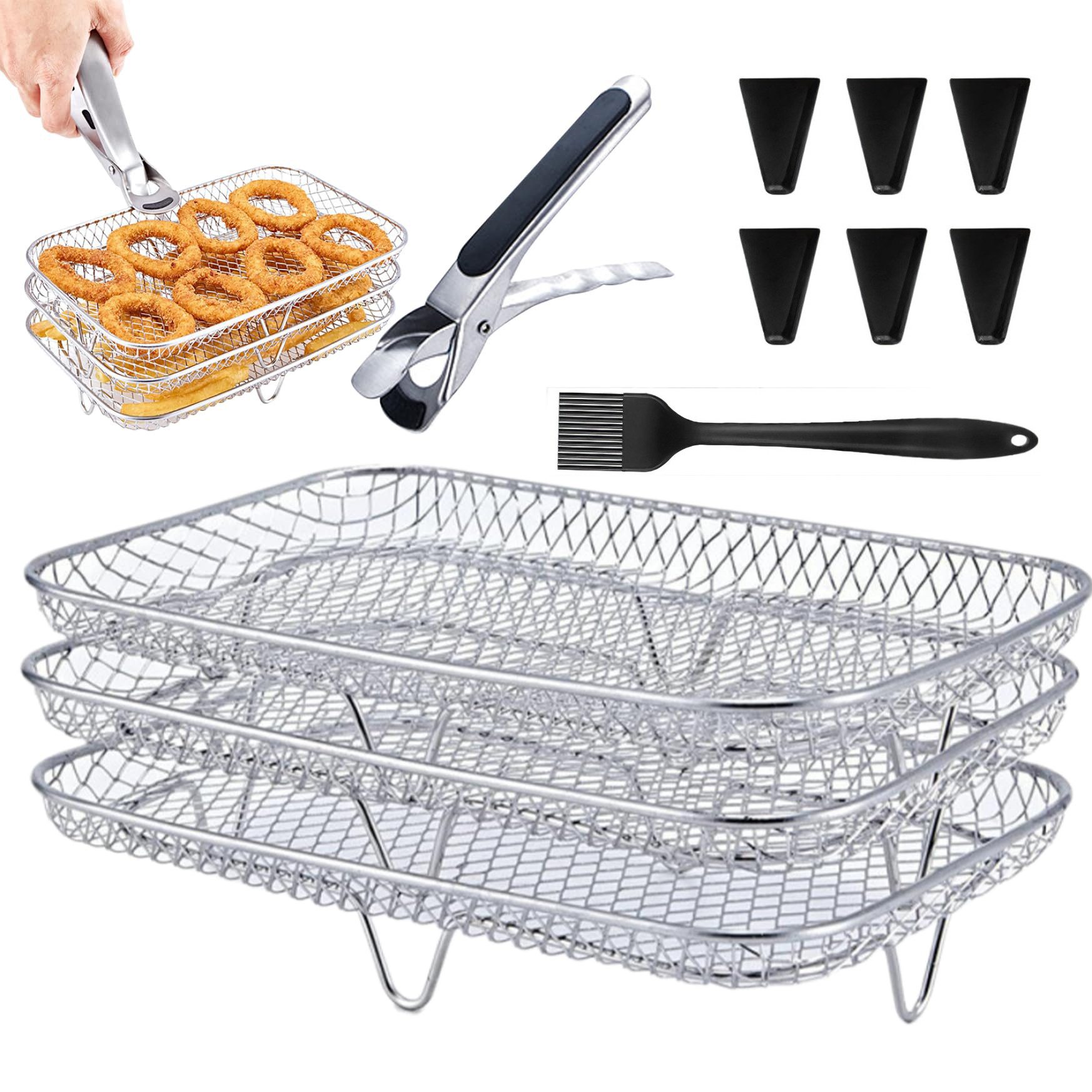 BlingBin Airfryer-Grillrost 3-lagiges Airfryer-Rack für Ninja Doppelkorb,Heißluftfritteuse Zubehör (1er Set, 1-St., mit Silikonfüßen, Zange und Bürste), Luftfritteusen-Zubehör für Ninja AF300EU und Doppelschublade