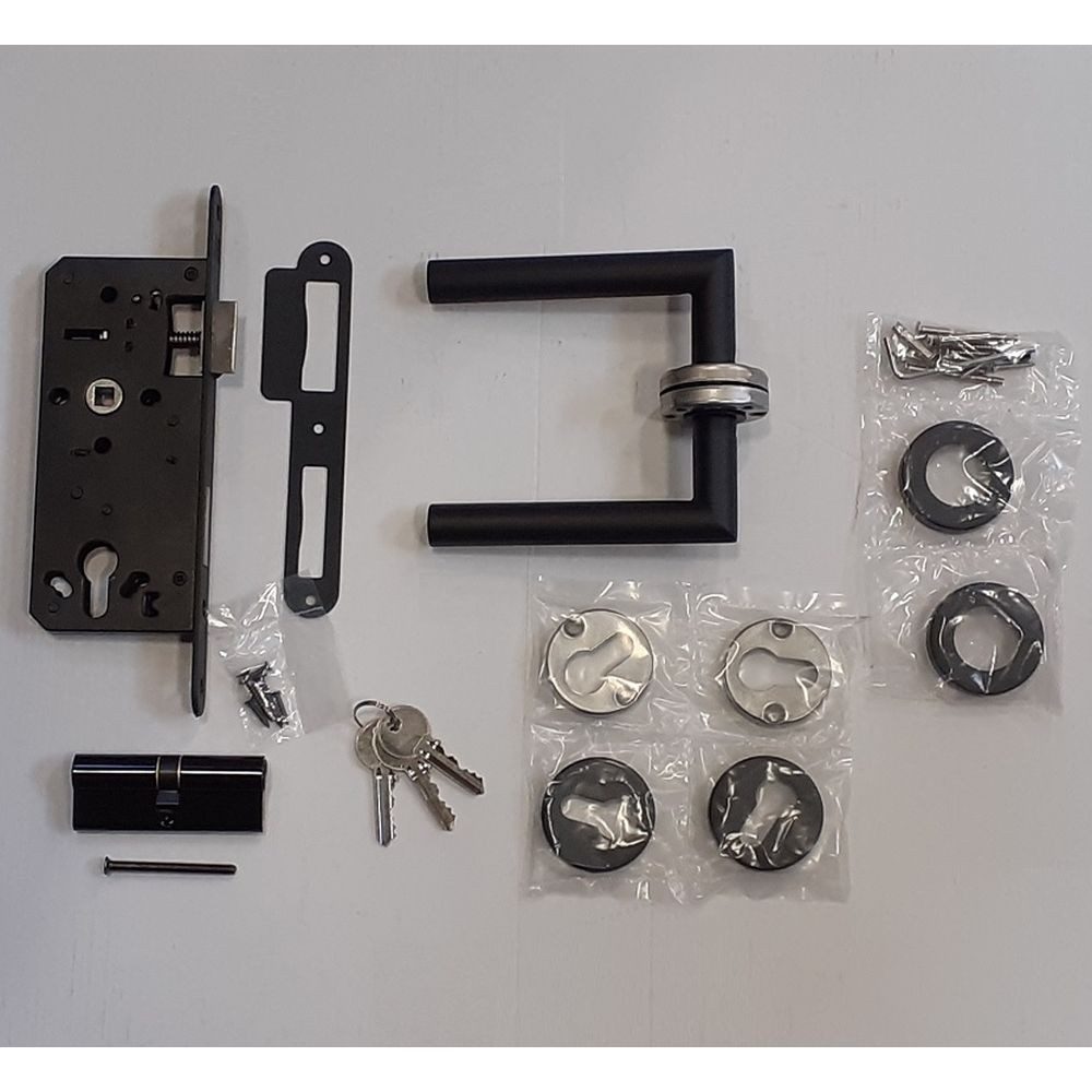 ROG-Gardenline Einsteckschloss SET: EINSTECKSCHLOSS FÜR GARTENTÜR - SCHWARZ ROSETTEN + 3 SCHLÜSSEL, Dornmaß 45 mm, rechts / links wechselbar, witterungsbeständig