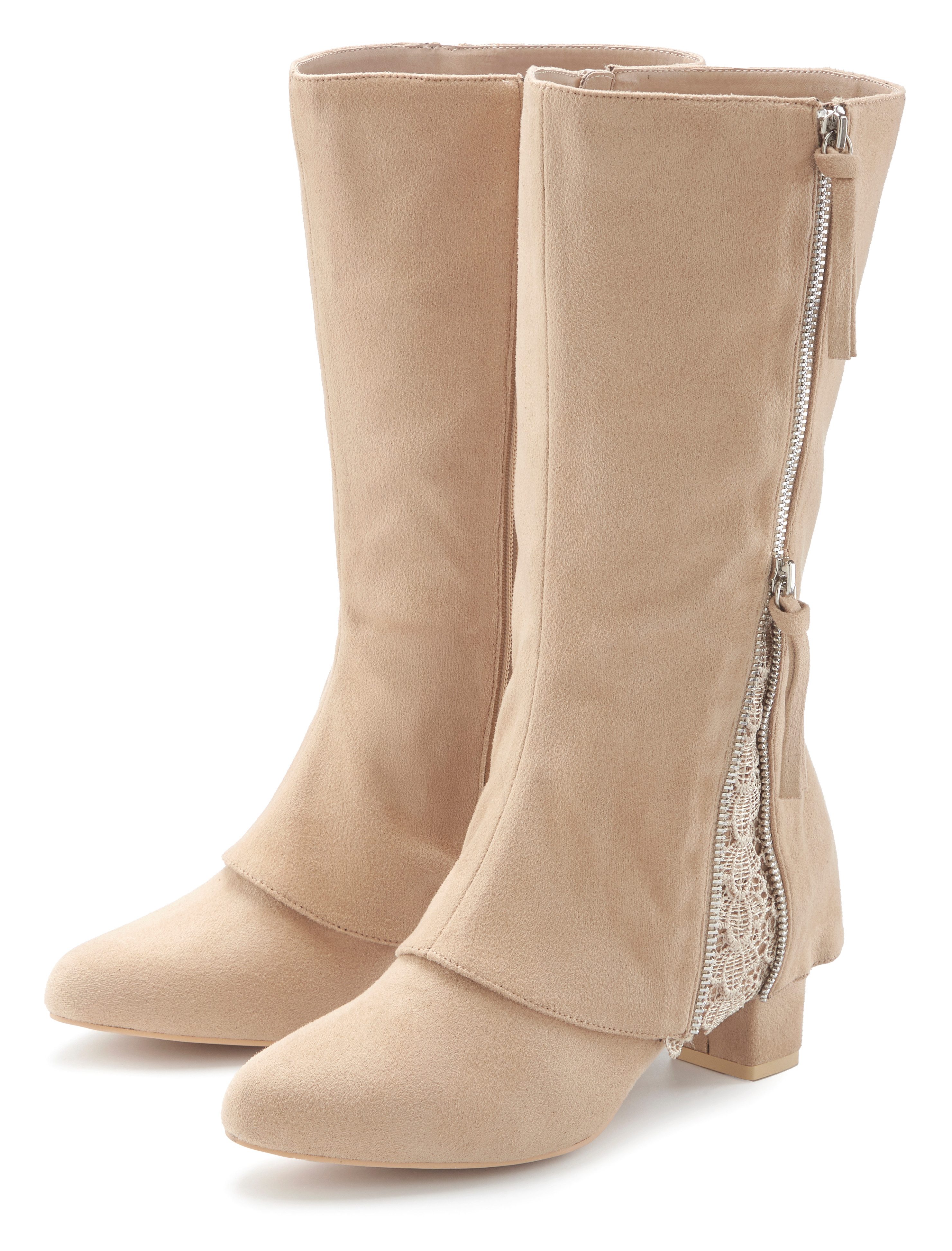 LASCANA Boots, Stiefelette, Stiefel mit raffiniertem Spitzendetail und Zierreißverschluss