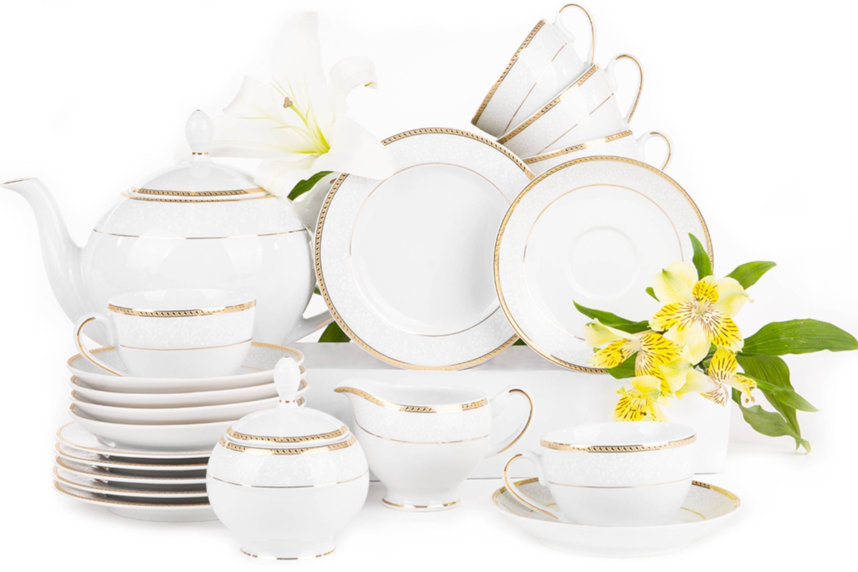 KONSIMO® Kaffeeservice NEW HOLLIS (21-tlg), 6 Personen, Porzellan, Tasse Untertasse Dessertteller Kaffeekanne Zuckerdose Milchkännchen