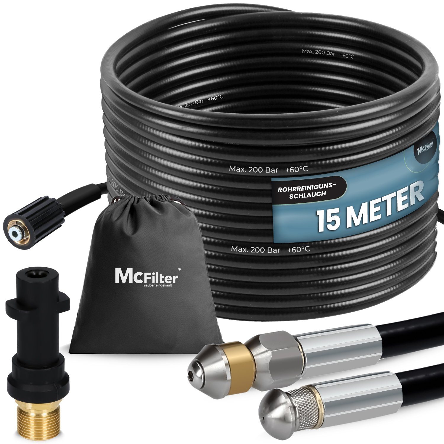 McFilter Hochdruckschlauch Rohrreinigungsschlauch, 15m, 200 bar, kompatibel mit Kärcher, Hochdruckreiniger, inkl. Adapter, Düsen starr + rotierend, (15 St), K2 K3 K4 K5 K6 K7, inkl. Tasche mit Adapter, Düsen starr + rotierend