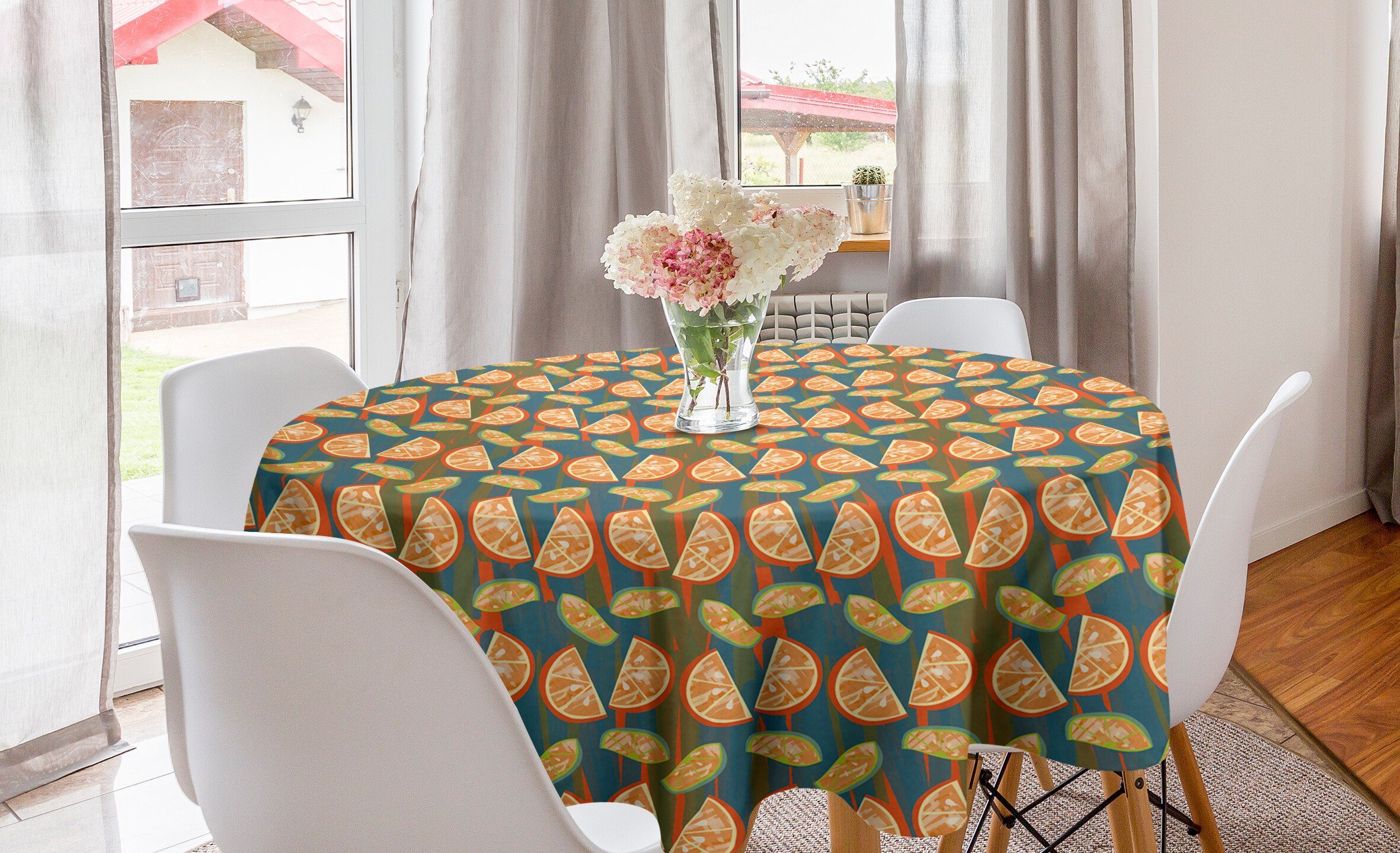 Abakuhaus Tischdecke Kreis Tischdecke Abdeckung für Esszimmer Küche Dekoration, Früchte Zitronenscheiben auf gestreiftem Zurück