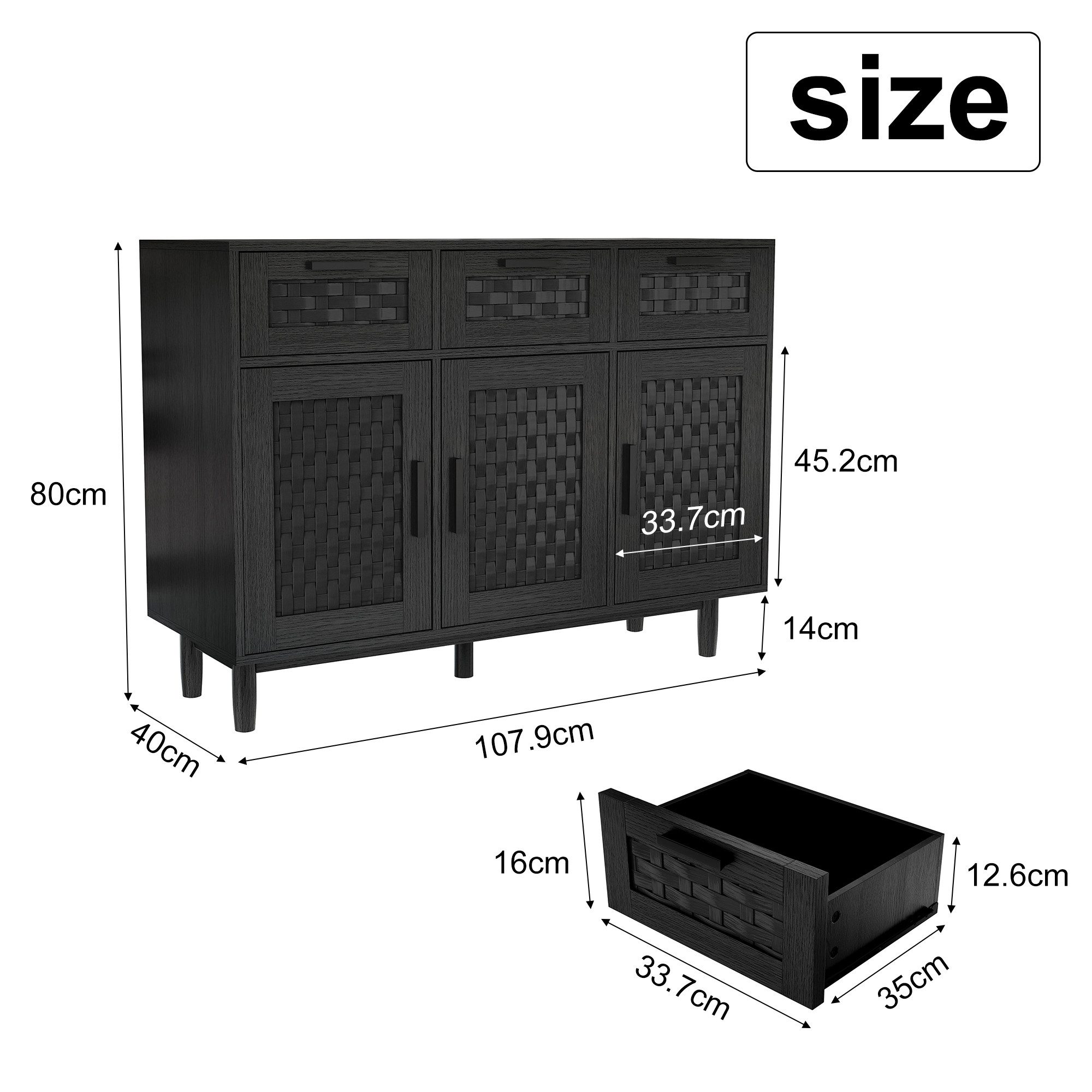 FUROKOY Sideboard Rattan Küchenschrank us Holz (Buffetschrank Highboard mit 3 Schubladen und 3 Türen), für Schlafzimmer, Wohnzimmer, Flur, 108 x 40 x 80 cm, Sch – Bild 5 von 5