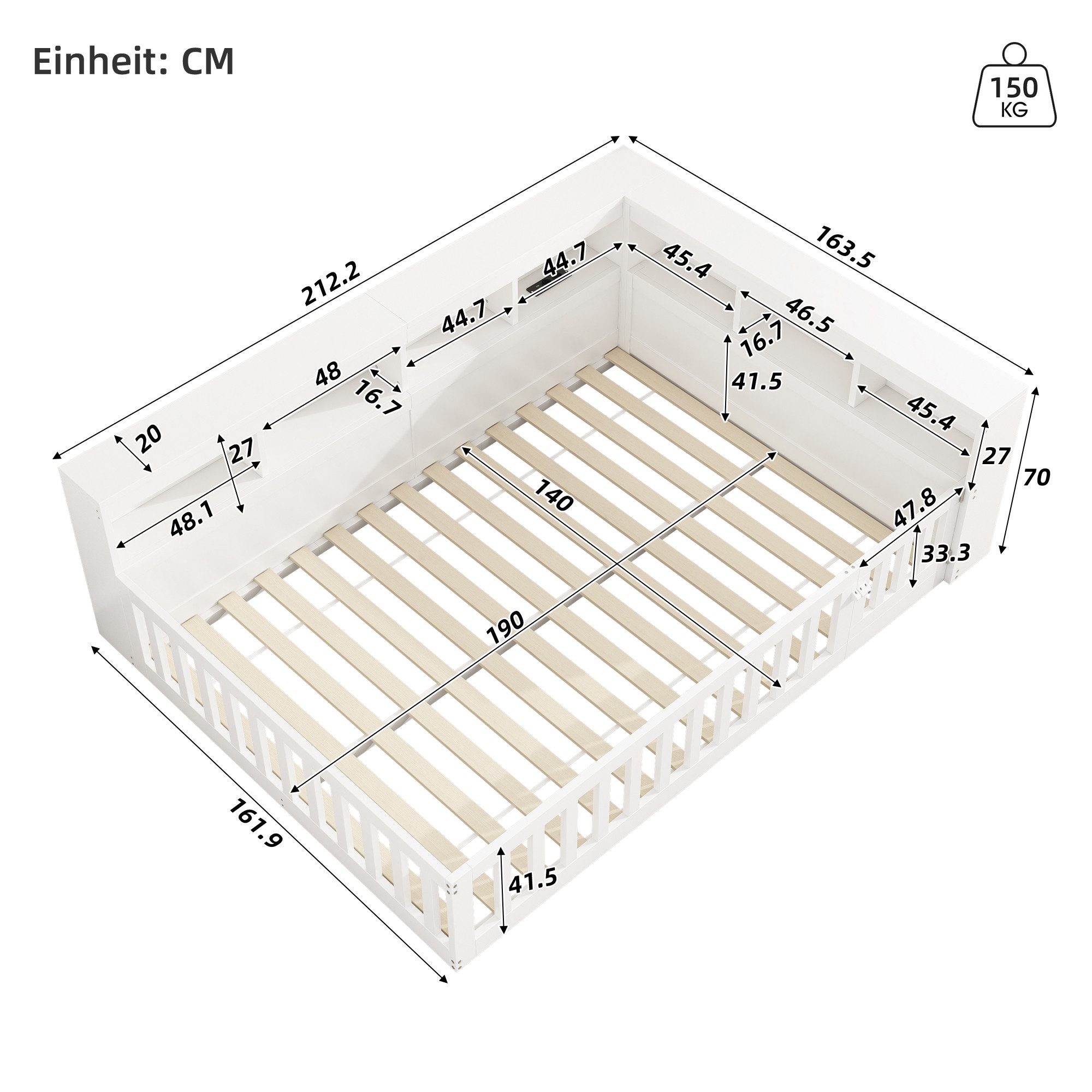 TavilaEcon Kinderbett 90×200 cm Bettseite mit Staufach, Brüstung, Daybett mit Lattenrost, Steckdose & USB-Anschluss, ohne Matratze, Beige – Bild 4 von 5