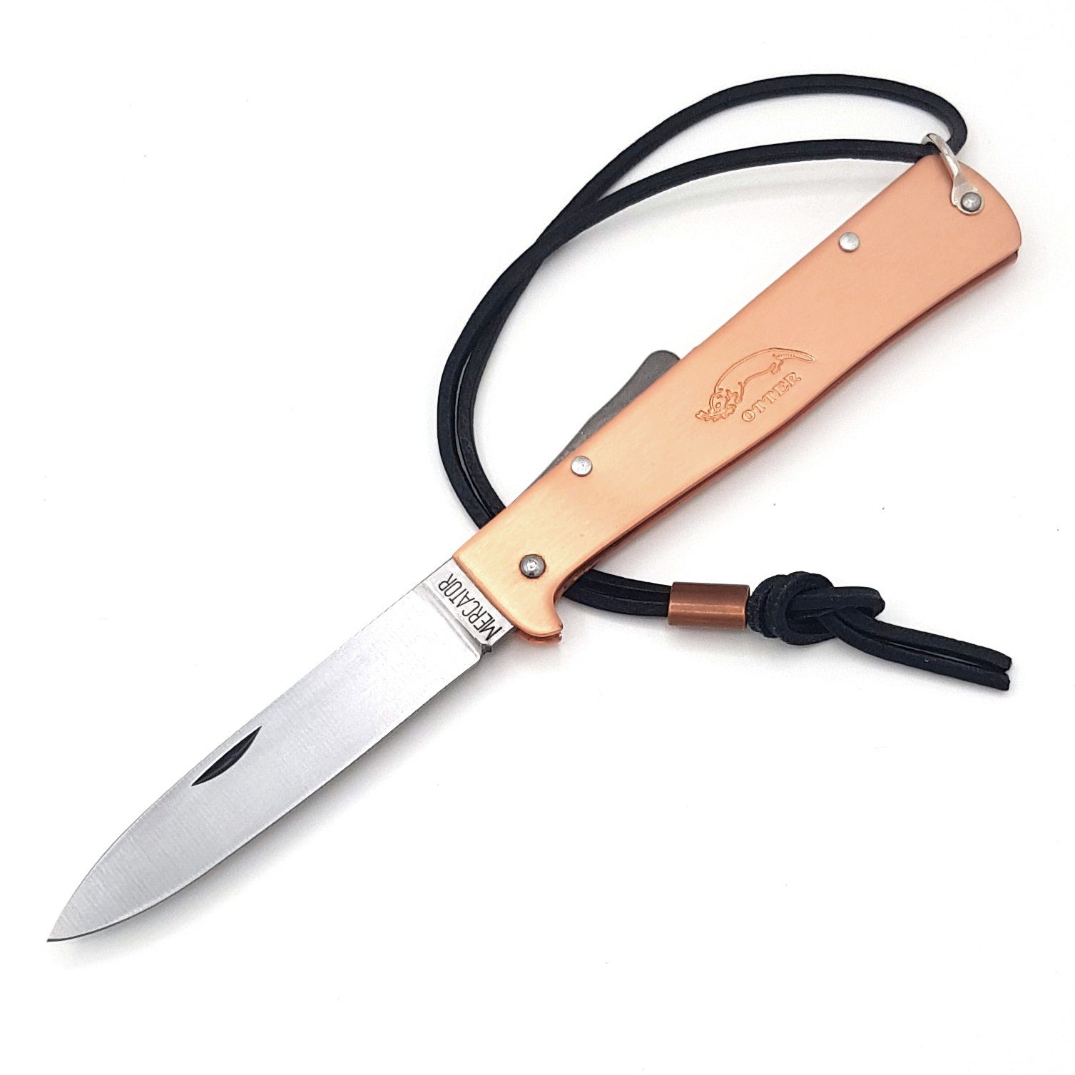 Otter Messer Taschenmesser Mercator-Messer groß Kupfer mit Lederband, Klinge Carbonstahl, Backlock