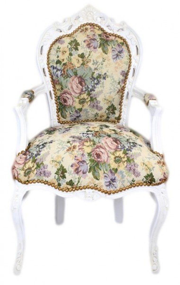 Casa Padrino Esszimmerstuhl Barock Esszimmer Stuhl mit Armlehnen Blumenmuster / Antik Weiß