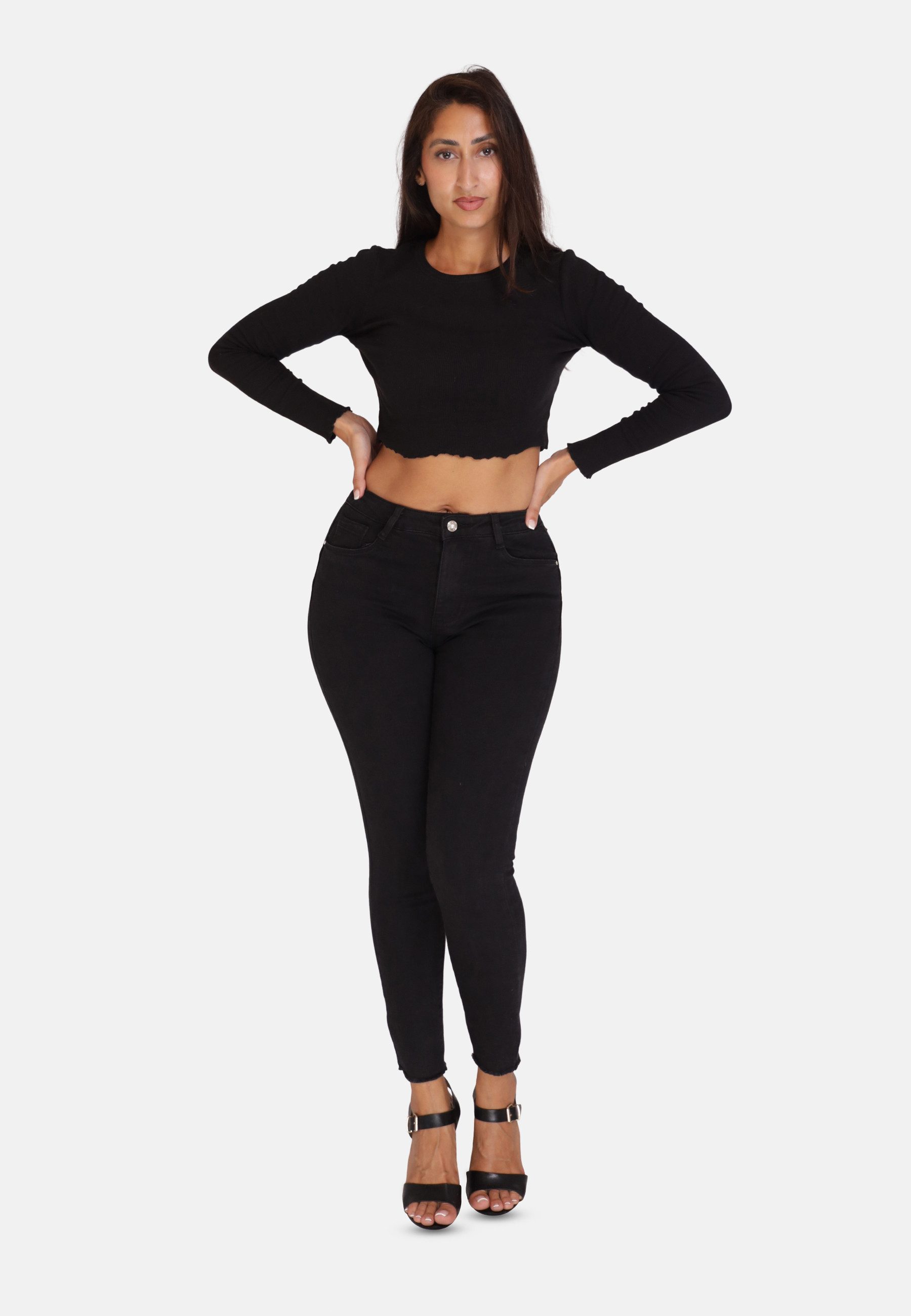Elara Stretch-Hose — Damen Skinny Jeans mit 5-Pocket-Design und Fransensaum