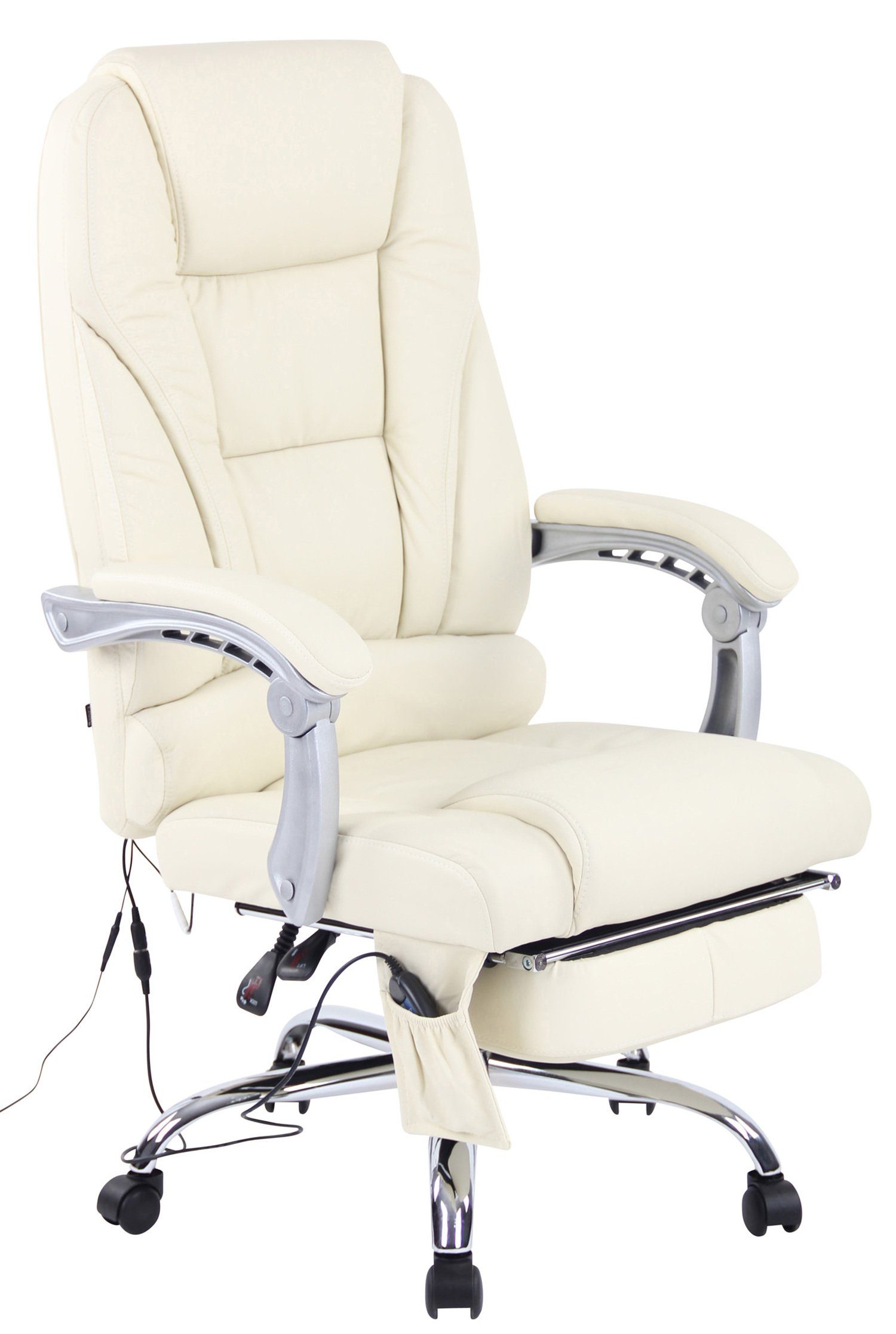TPFLiving Bürostuhl Pacira mit Massagefunktion - höhenverstellbar und 360° drehbar (Schreibtischstuhl, Drehstuhl, Chefsessel, Bürostuhl XXL), Gestell: Metall chrom - Sitzfläche: Echtleder creme