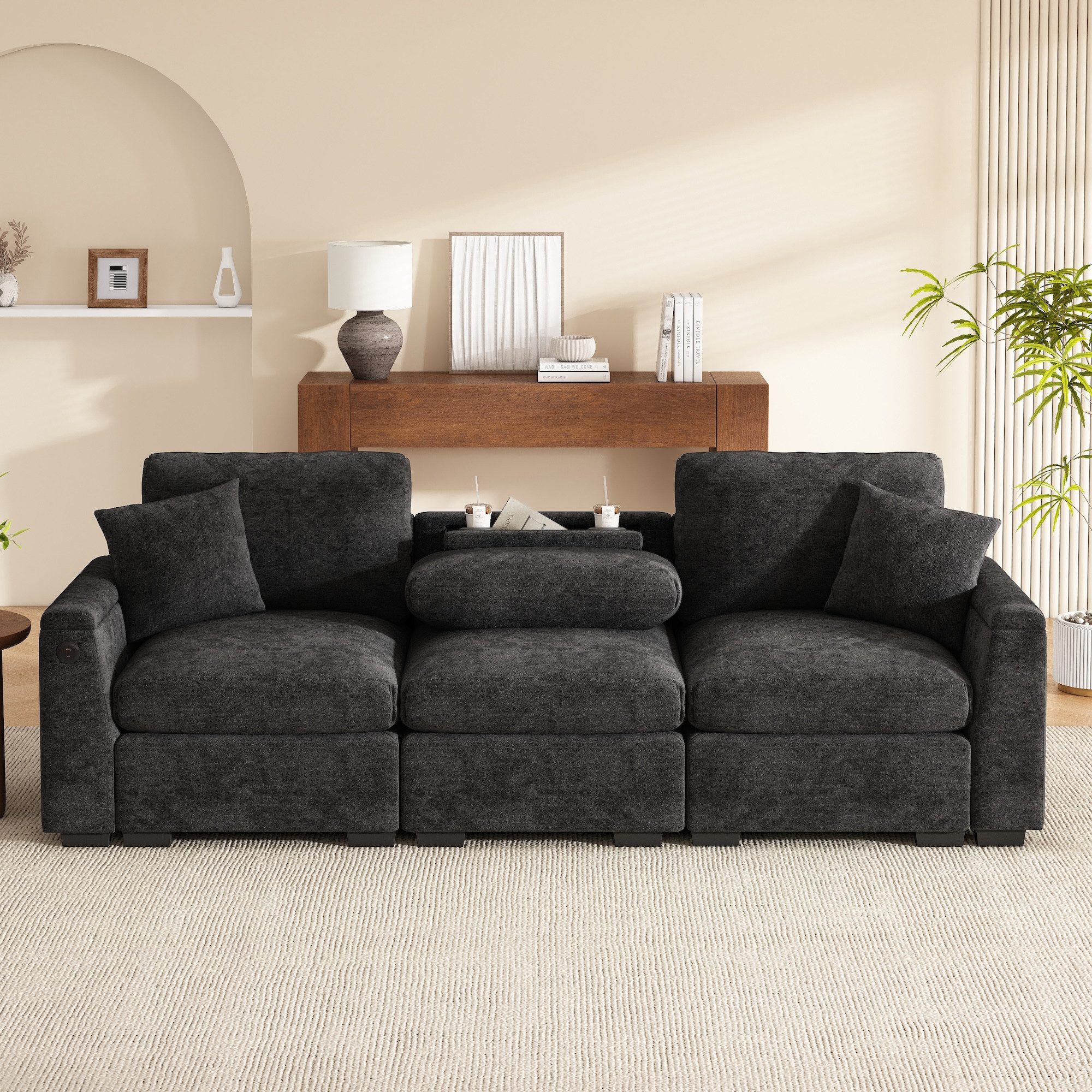 SOFTWEARY 3-Sitzer Sofa mit Klapptisch und Mehrfachsteckdosen, mit Zierkissen, Rückenkissen, Getränkehalter, USB und Type-C, Big-Sofa, Ecksofa, L-Form, Chenille
