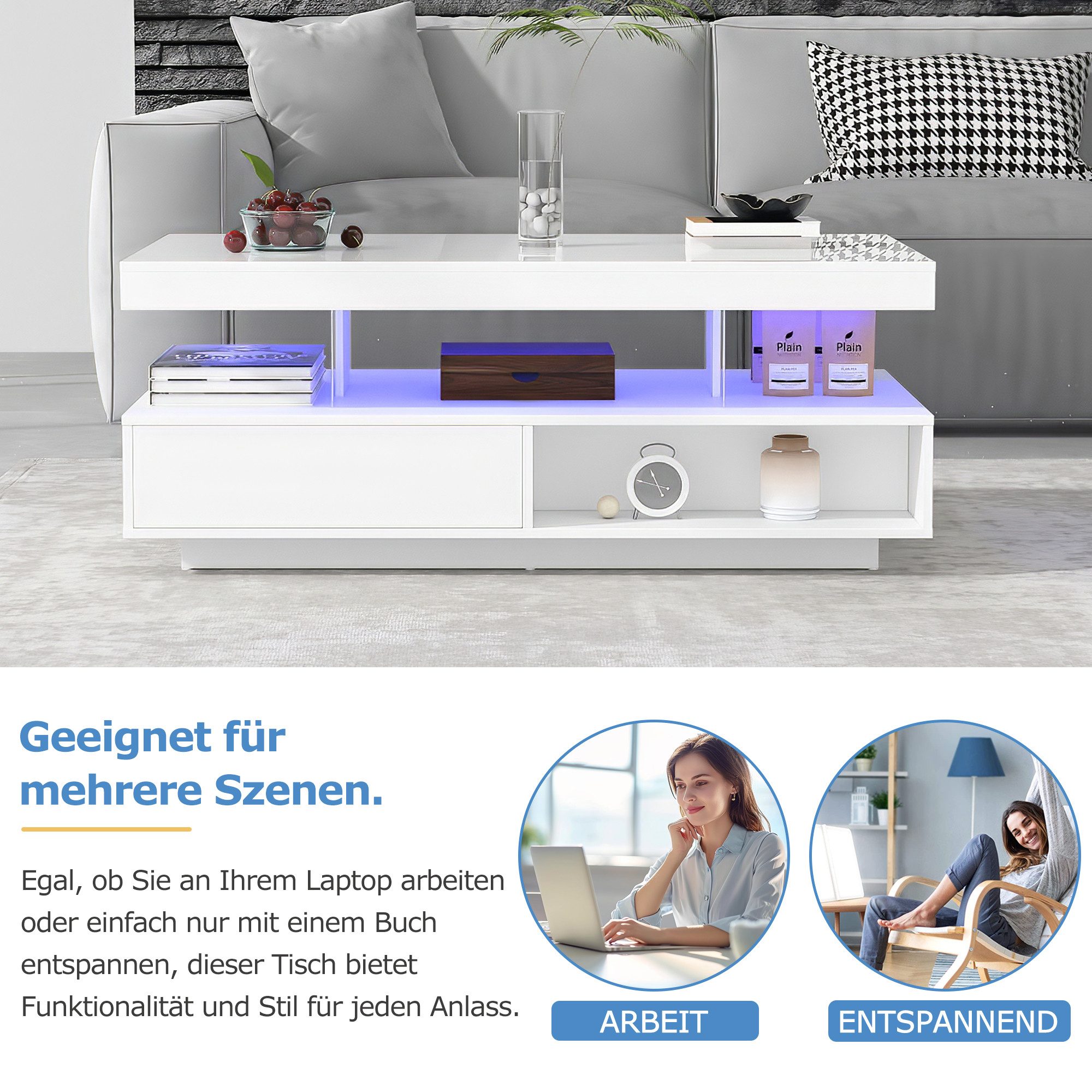 Merax Couchtisch mit 2 Schubladen und Stauraum, Beistelltisch Hochglanz mit LED inkl. APP, Wohnzimmertisch – Bild 4 von 5