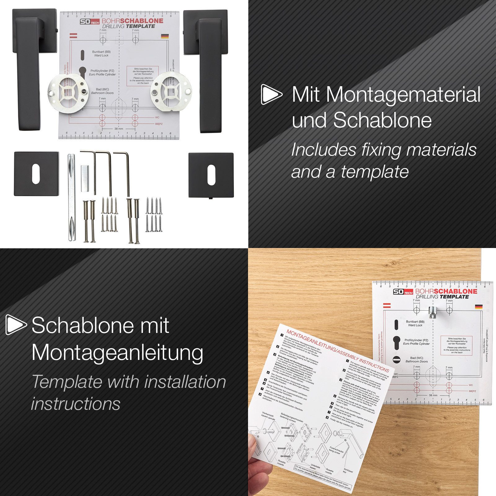 SO-TECH® Drückergarnitur Türdrücker ERLING Aluguss schwarz inkl. Befestigungsmaterial, Spar-Set, 1-tlg., mit Papier-Bohrschablone, mit BB-Rosetten - Buntbart fü – Bild 4 von 5