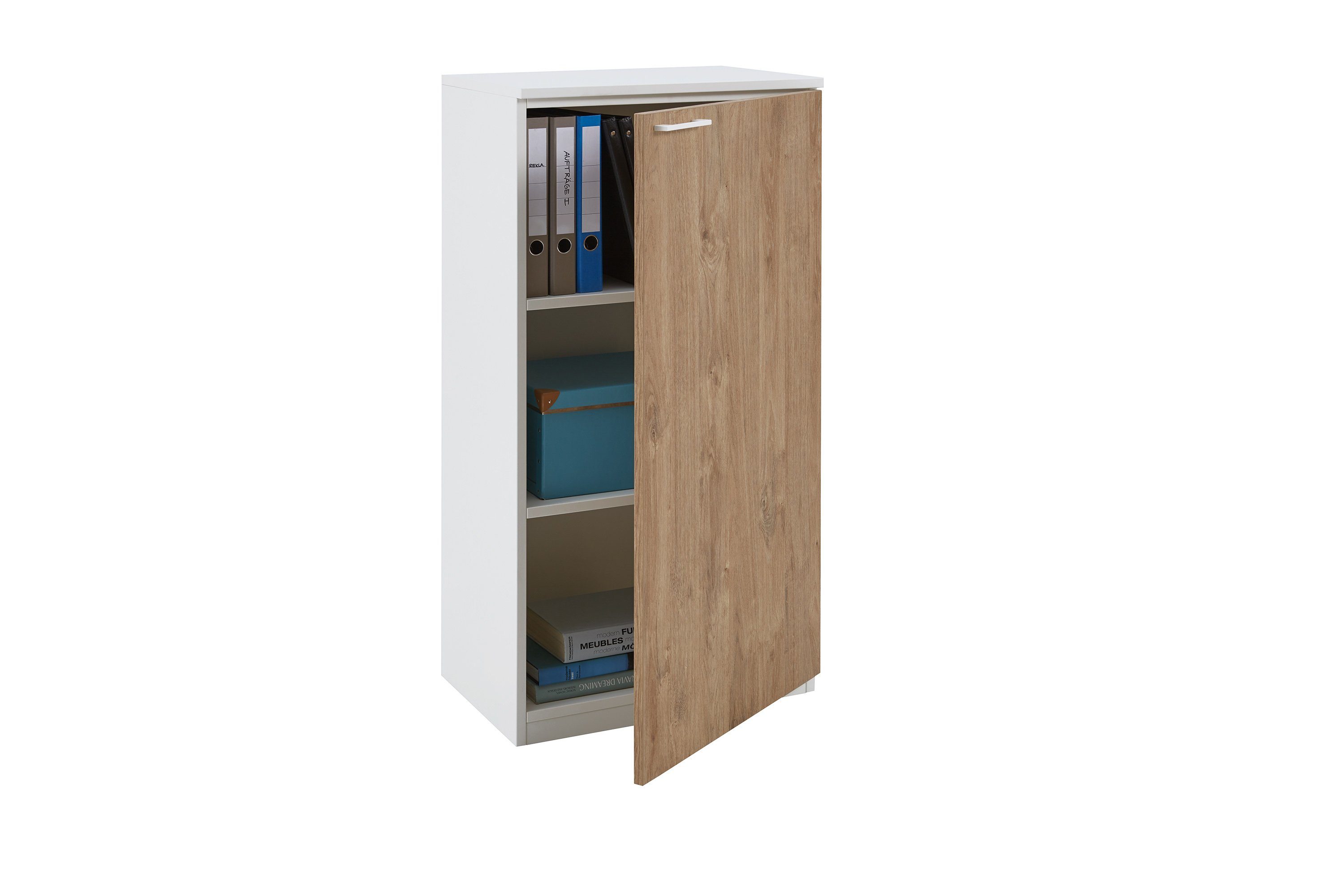boho office® Aktenschrank be.smart 60 cm breit Tür rechts in weiß, Front in Eiche mit weißem Griff
