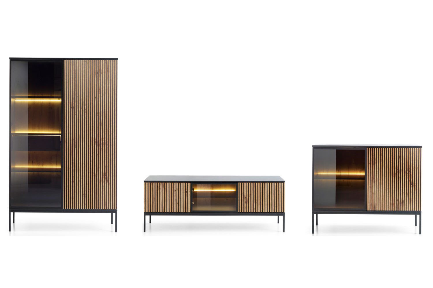 Feldmann-Wohnen Wohnwand Sento, (klare Kanten, Fronten mit geriffeltem Muster, 3-St., grifflos, ABS-Kanten, push-to-open Funktion), 362cm schwarz / Wotan Eiche MDF 3-teilig