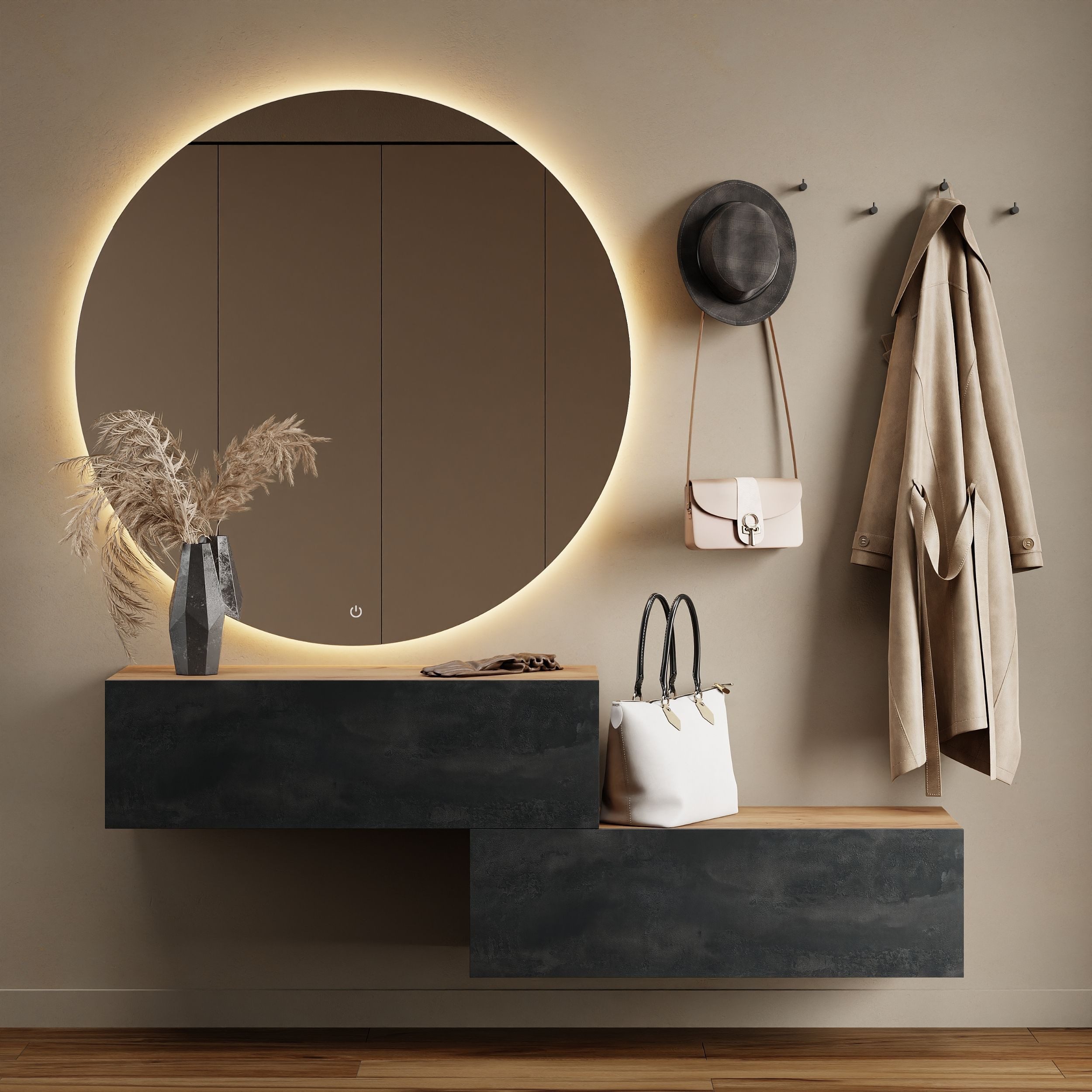 Planetmöbel Garderoben-Set Flur Möbel Garderobe, (Kompaktgarderobe mit Klappe als Stauraum, Hängeschränke 2 x 100 cm Gold Eiche / Schwarz Charcoal), Wandgarderobe (ohne Spiegel)