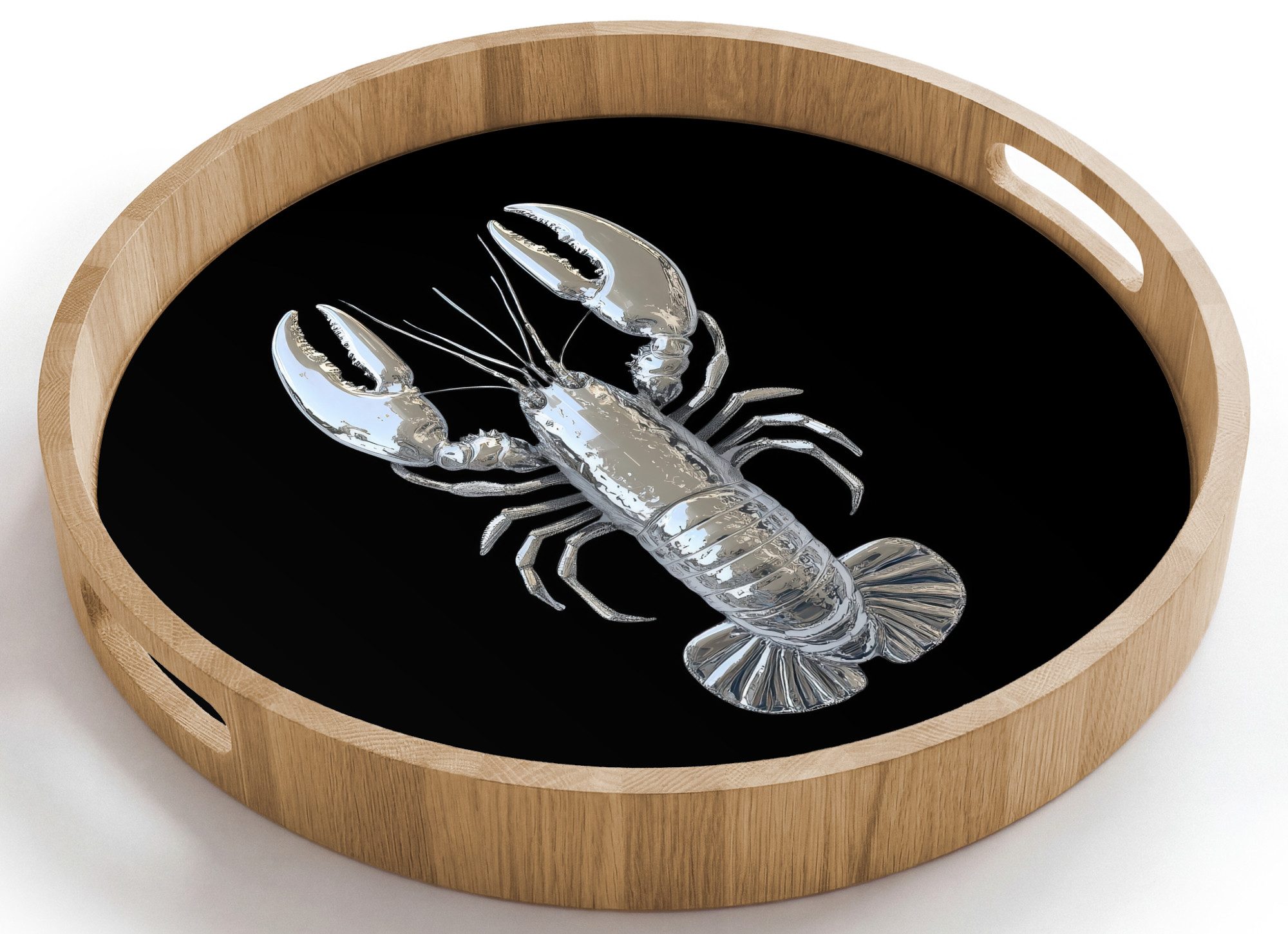 OnlyWow Tablett Rund mit Henkel Hummer - Silber - Metallisch - Luxus, Eichenholz, (1-tlg), Siervierplatte, Tray, Frühstücksbrett