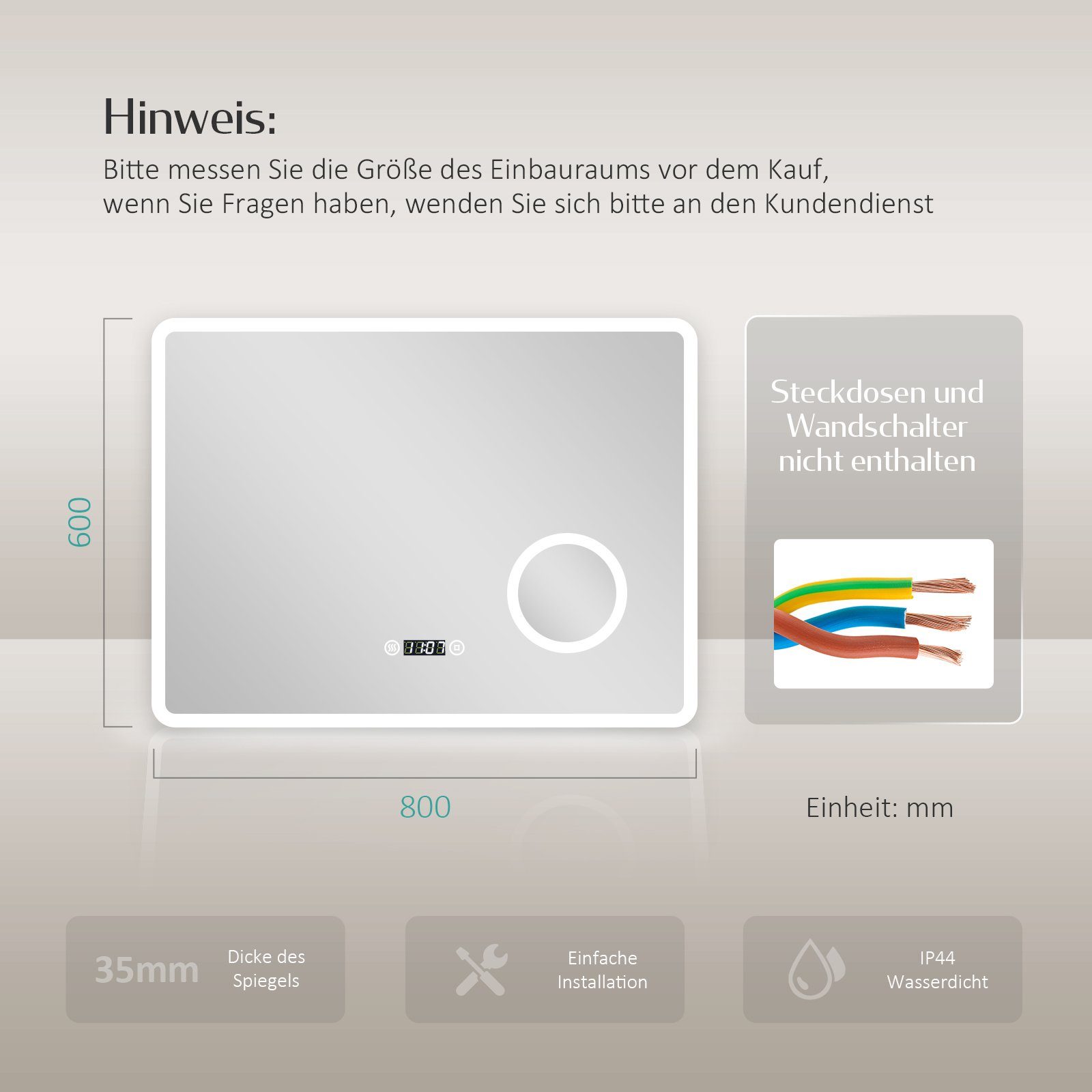 EMKE Badspiegel LED Badezimmerspiegel mit Beleuchtung Schminkspiegel 3-fach (Breite: 80~100cm, Touchschalter), 6500 K Kaltweiß, Antibeschlag, Digitaluhr, Touch, IP44 80 × 60 cm