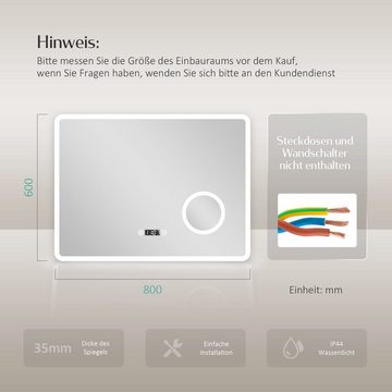 EMKE Badspiegel Badspiegel mit Beleuchtung LED Wandspiegel mit 3-fach Vergrößerung, Touchschalter, Beschlagfrei, Uhr,Energiesparend (Modell M)