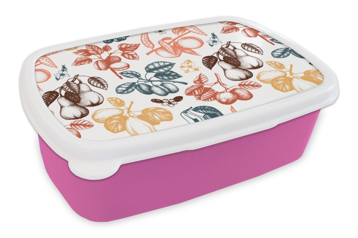MuchoWow Lunchbox Obst - Jahrgang - Baum - Design, Kunststoff, (2-tlg), Brotbox für Erwachsene, Brotdose Kinder, Snackbox, Mädchen, Kunststoff rosa