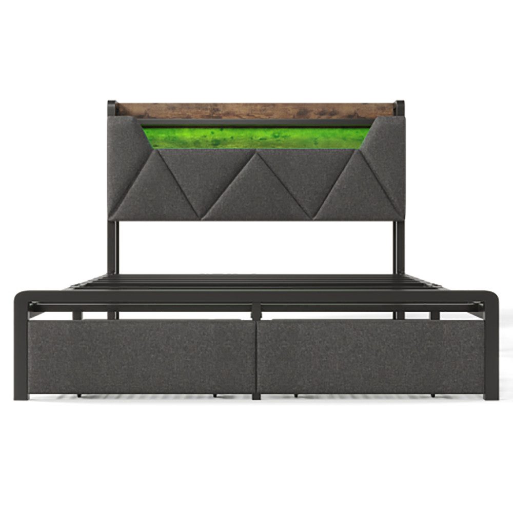Polsterbett (140x200cm Stauraumbett mit Lattenrost, Schubladen und LED-Beleuchtung), Ladefunktion Stauraum-Kopfteil, Doppelbett aus Stahlrahmen, Leinen