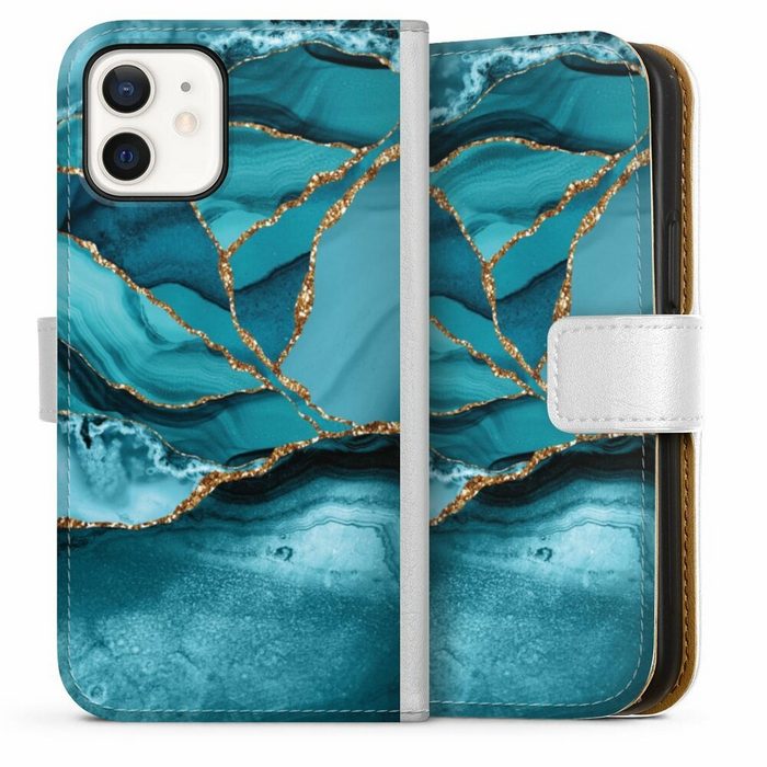 DeinDesign Handyhülle Edelstein Glitzer Look Marmor Eisblaue Marmor Landschaft Apple iPhone 12 Hülle Handy Flip Case Wallet Cover Handytasche Leder