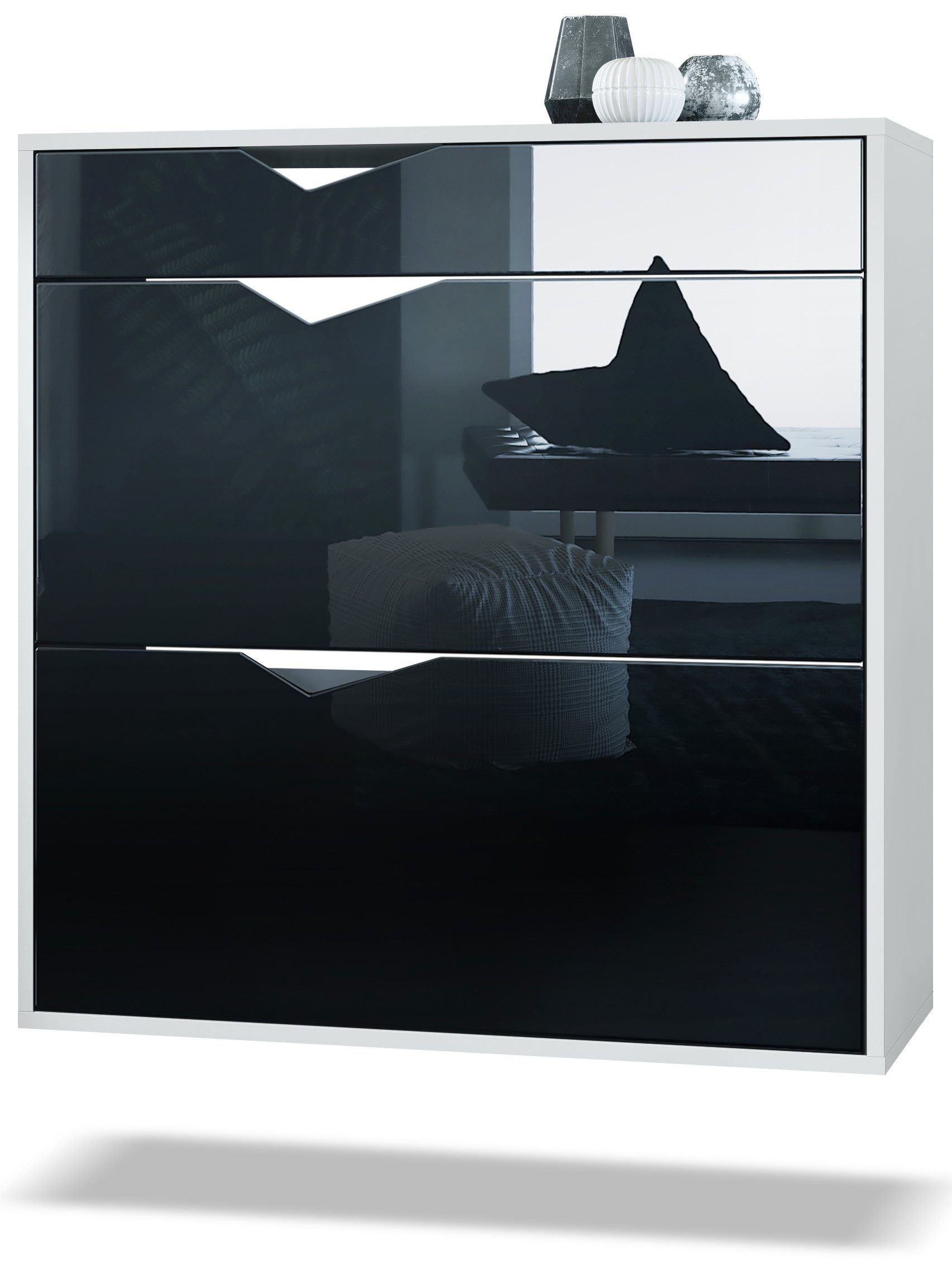Vladon Schuhschrank Kolmio (Schuhkipper, für 16 Paar Schuhe mit 2 Klappen und Schublade) Weiß matt/Schwarz Hochglanz (85 x 87 x 33 cm) Fronten in Schwarz Hochglanz