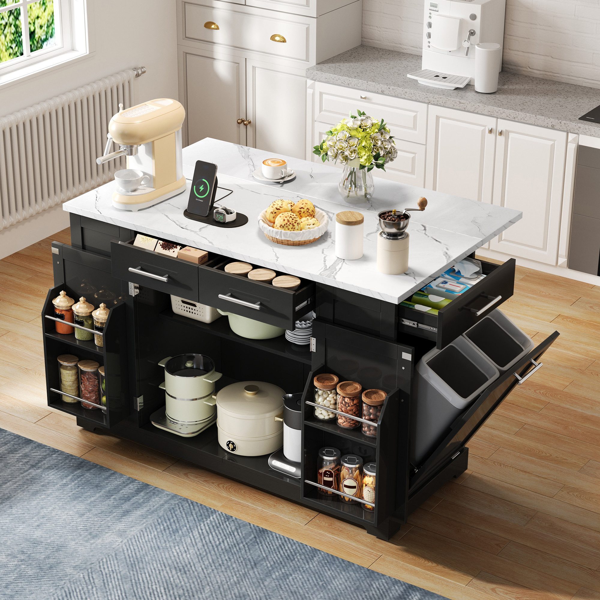 Yorbay Kücheninsel mit Klappplatte & Rollen Mobile Arbeitsstation in 3 Farben, mit EU-Steckdose, verstellbaren Regalen, Auszieh-Müllraum