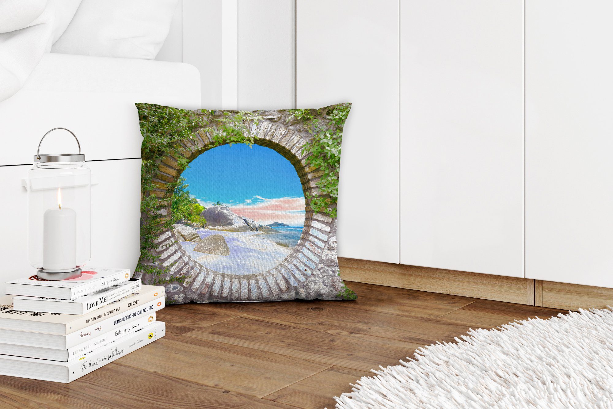 Deko, MuchoWow Aussicht Dekokissen Zierkissen Füllung Sommer - Strand Wohzimmer, - Sofakissen für Tropisch, - Schlafzimmer, mit