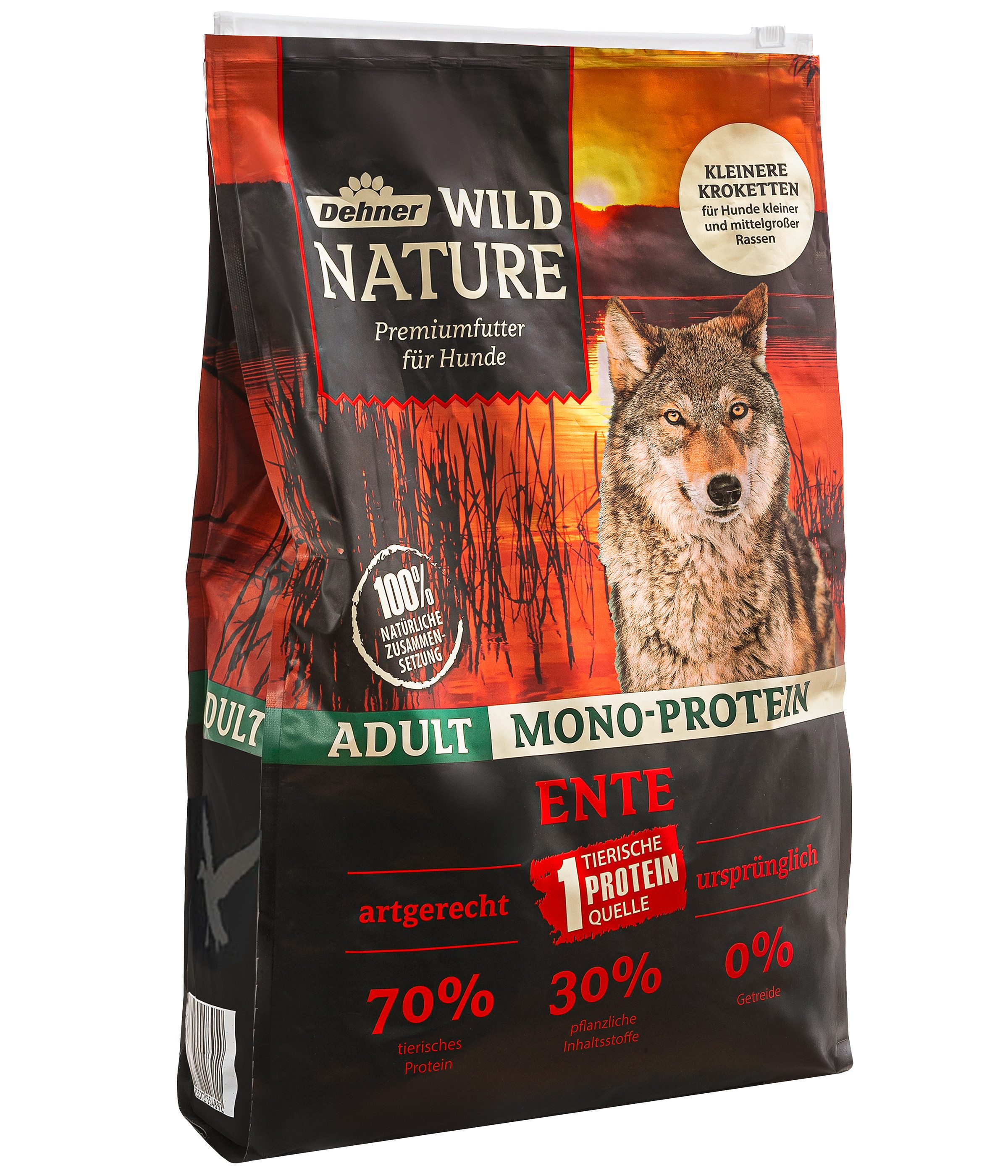 Dehner Wild Nature Mono-Protein Ente, 4 kg / 12 kg, getreidefrei/zuckerfrei Ente, Trockenfutter für: Hunde, Trockenfutter für ausgewachsene Hunde