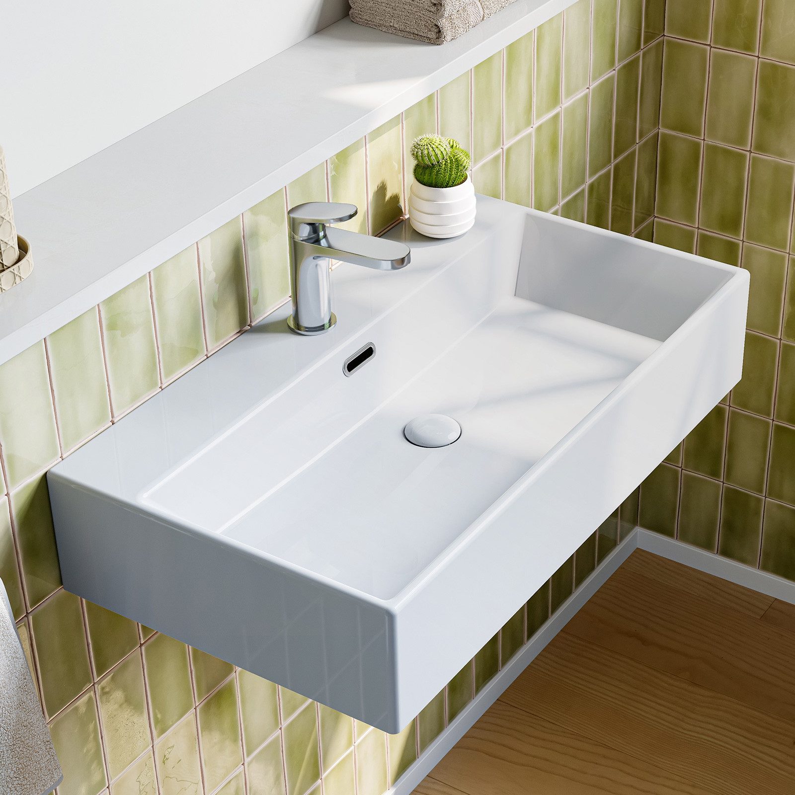 HOROW Waschbecken Keramik Aufsatzwaschbecken Hängewaschbecken 50cm 60cm 75cm (Badezimmer Waschtisch, mit Hahnloch und Überlauf - Weiß/Schwarz)