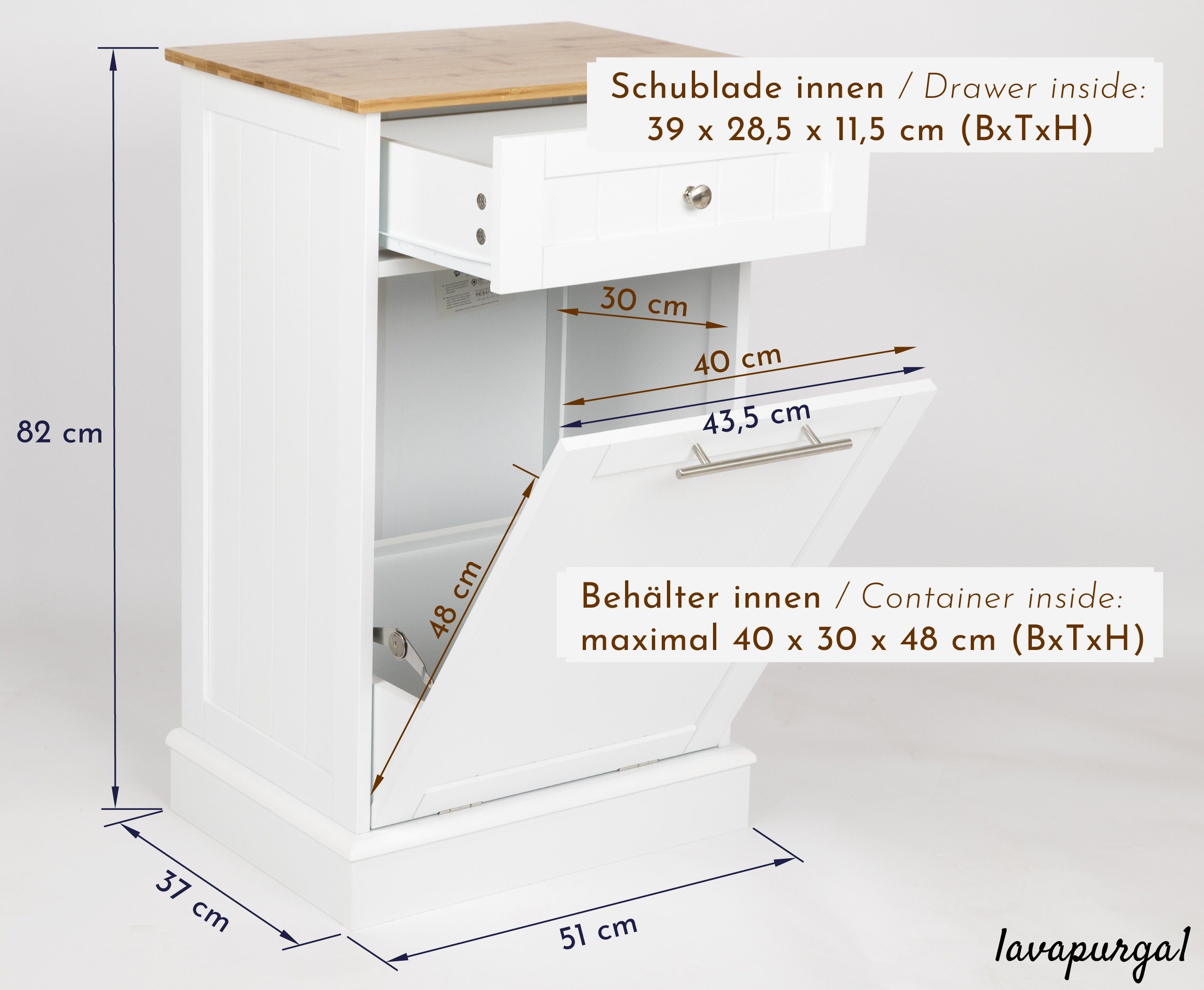 WONDERMAKE Wäschebox Mülleimer-Schrank Wäscheschrank Wäschesammler mit Schublade, Bad Küche, hoch aus Holz + Bambus, Wäschetruhe Abfallschrank ausklappbar klapp – Bild 3 von 5