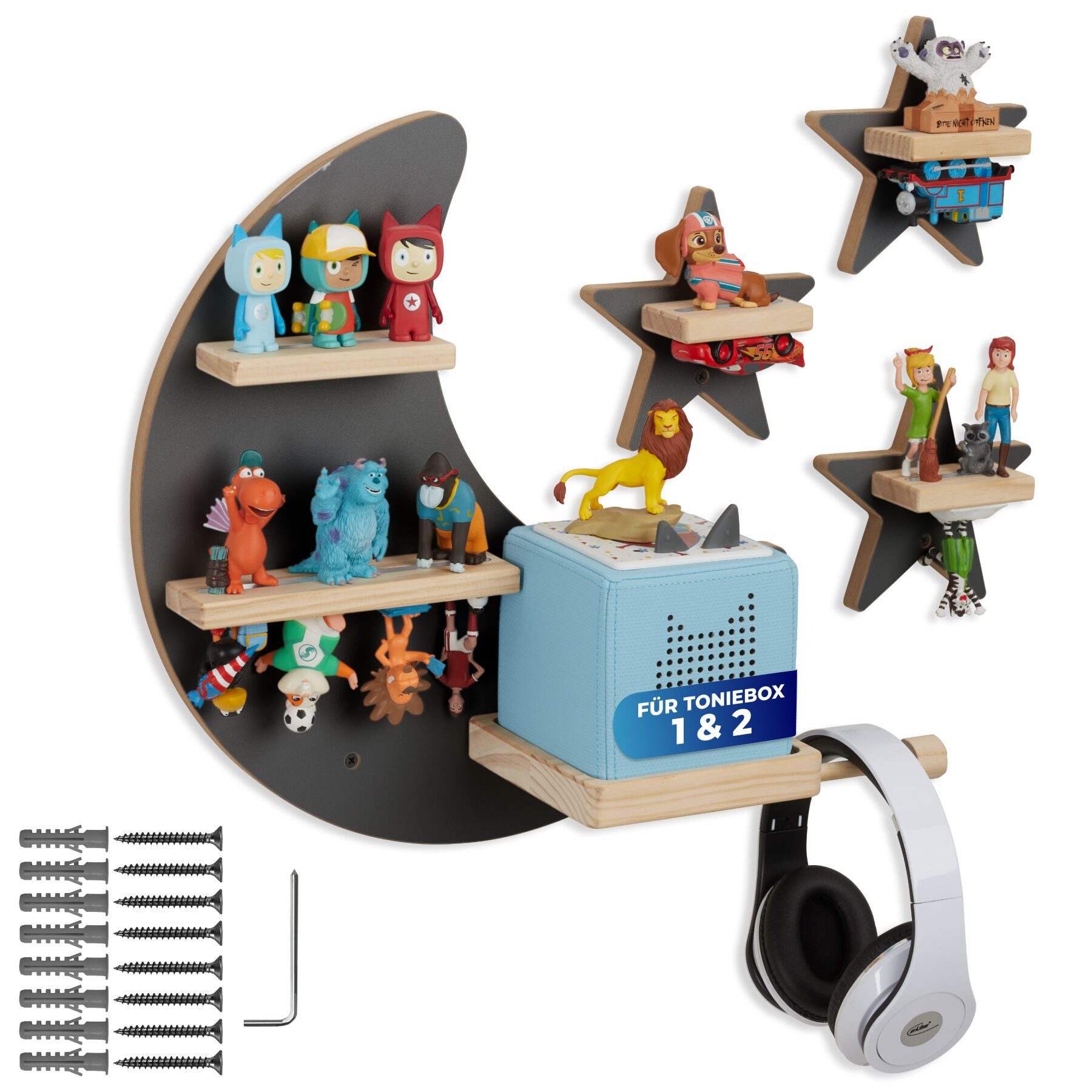 tectake Wandregal Magnetisches Figurenregal für 25 Tonies, passend Toniebox 1 und 2, Holzregal MyLittleStory Star 1-tlg., Inkl. Kopfhörerhalterung, unsichtbare Aufhängung, abgerundete Ecken