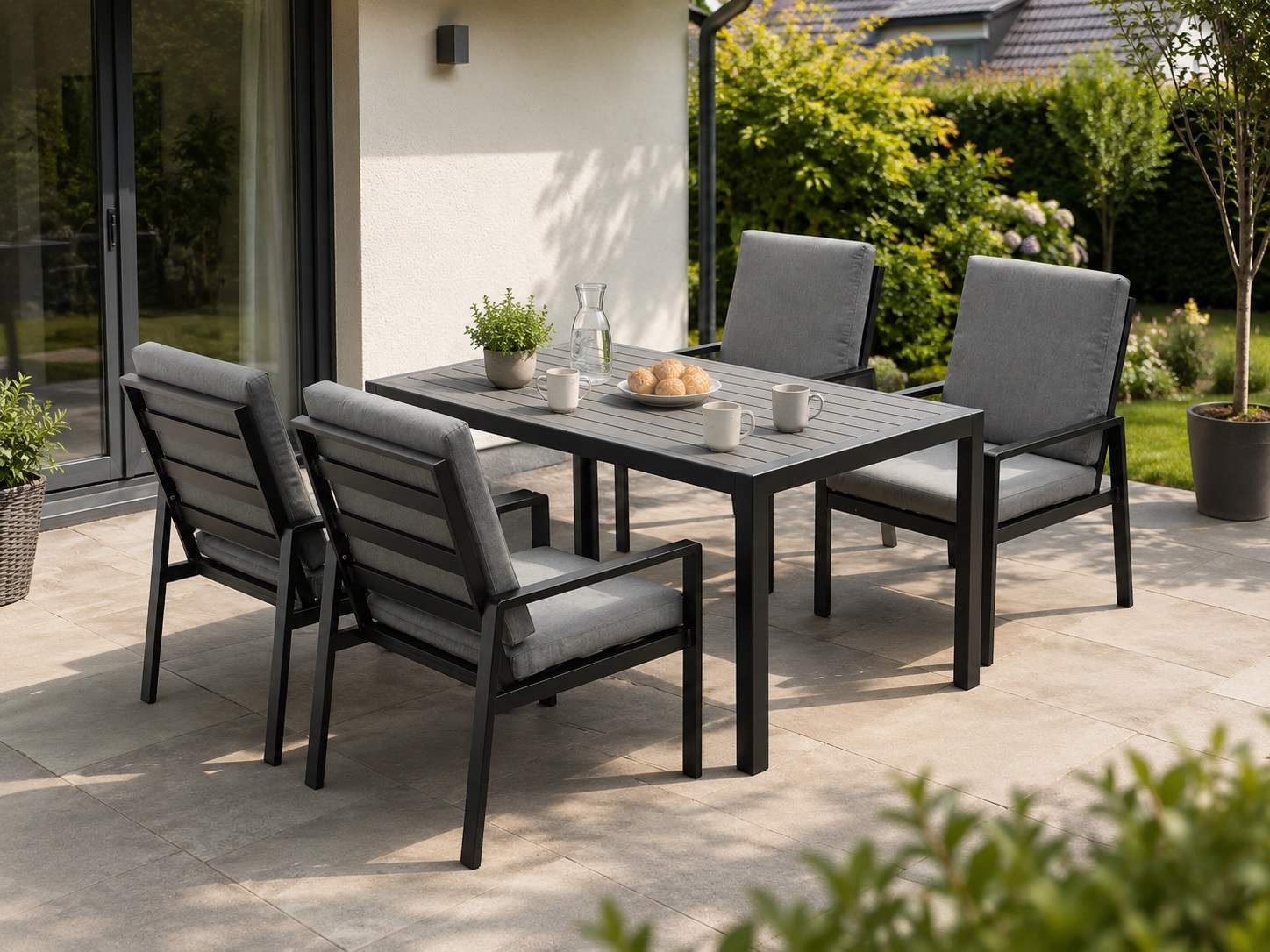 MeXo Gartenlounge-Set Lounge Gartenmöbelset Aluminium Wetterfest, (Garten Essgruppe für 4 Personen, 5-tlg., 4 Sessel, Esstisch 140x80x70 cm), 85 cm Rückenlehne, hoher Sitzkomfort