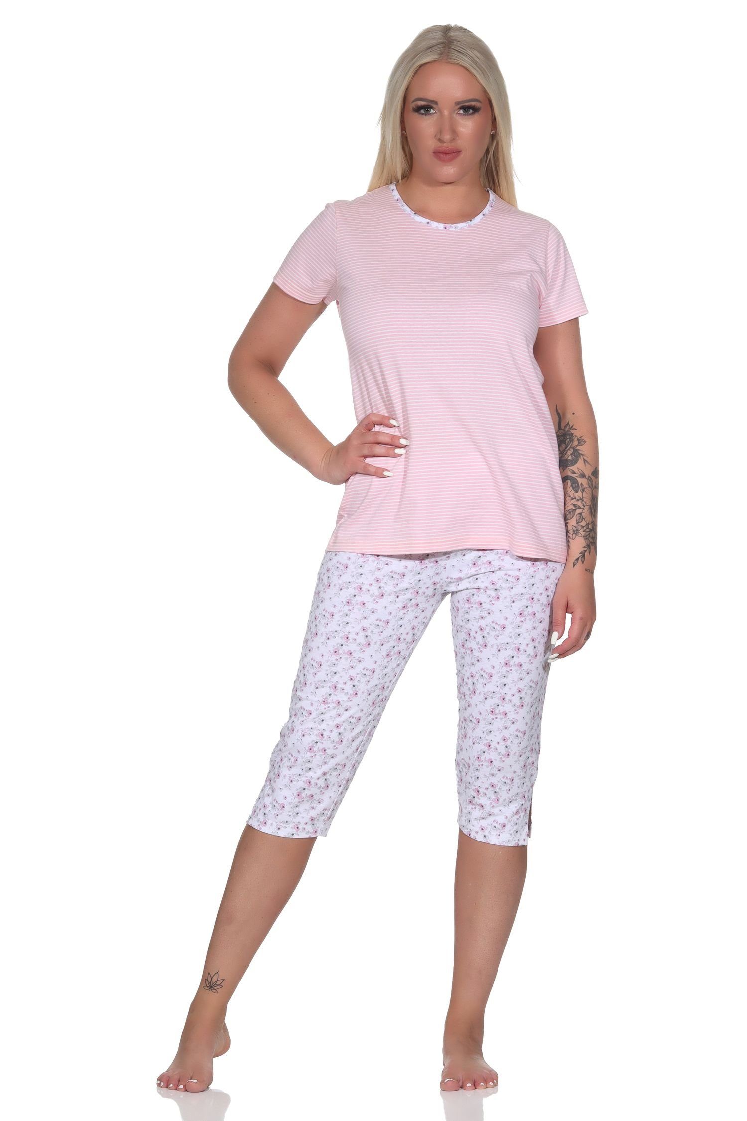 Normann Pyjama Floraler Damen Capri mit Streifen, Schlafanzug & Rundhals rosa 3/4 Hose
