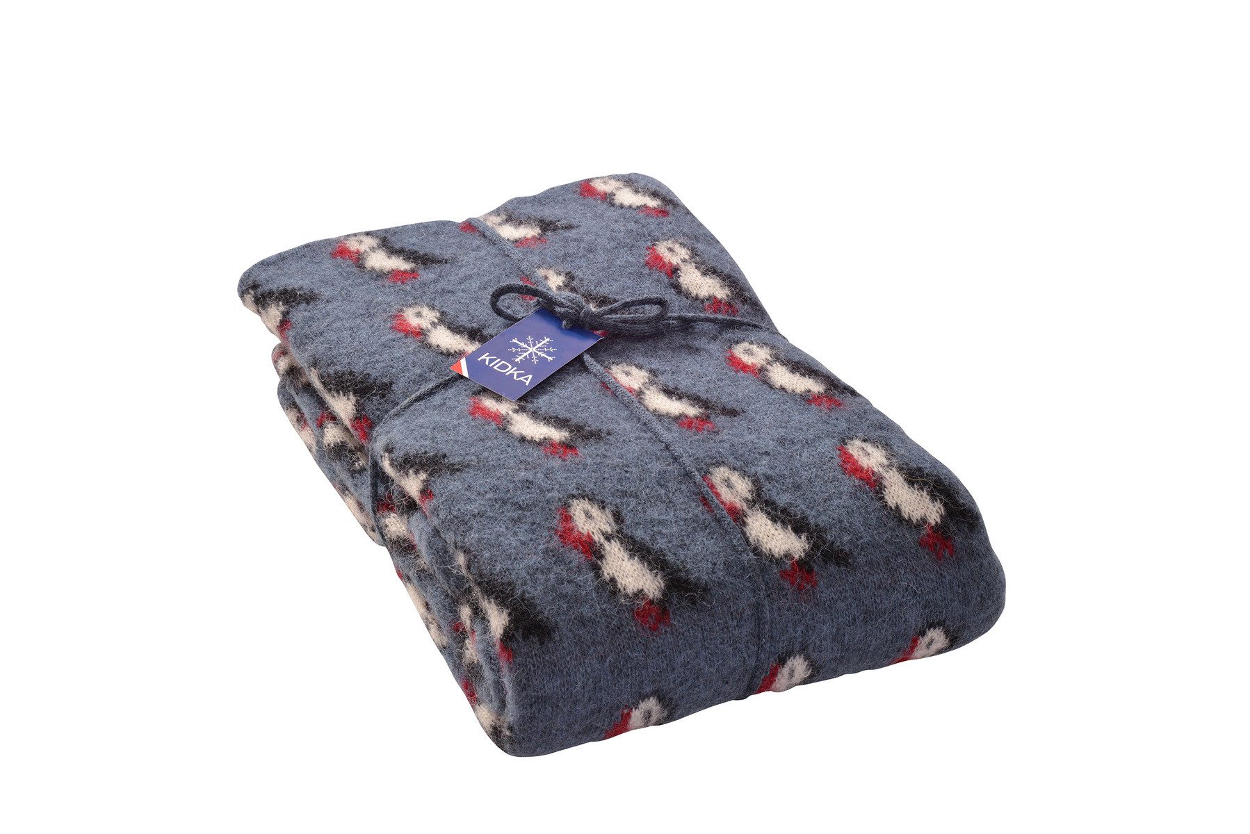 Wolldecke - Strickdecke Papageientaucher - Puffin - blau, KIDKA, - aus rauer isländischer Wolle