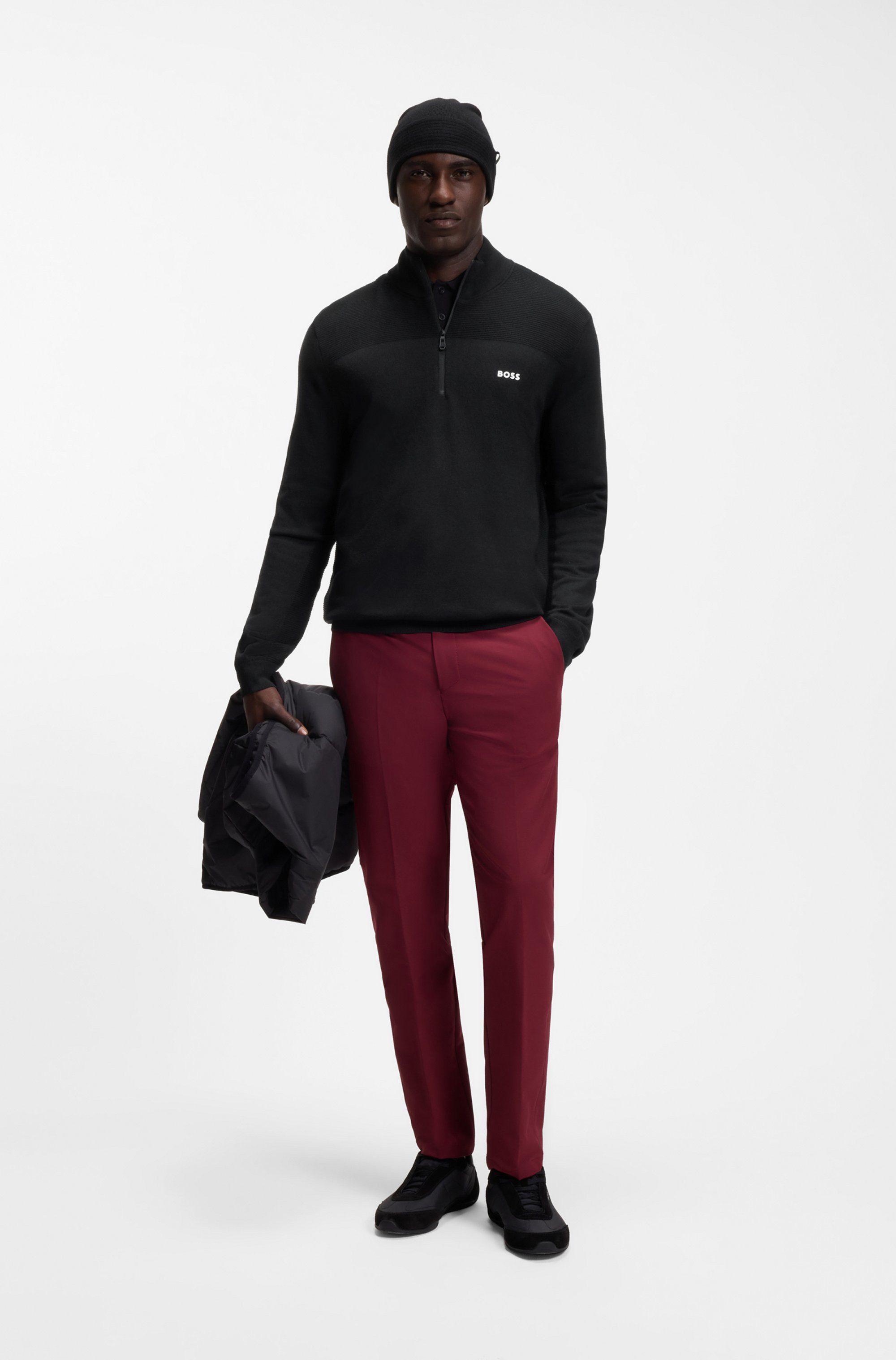 BOSS GREEN Strickpullover Stehkragen mit Reißverschluss, Regular Fit