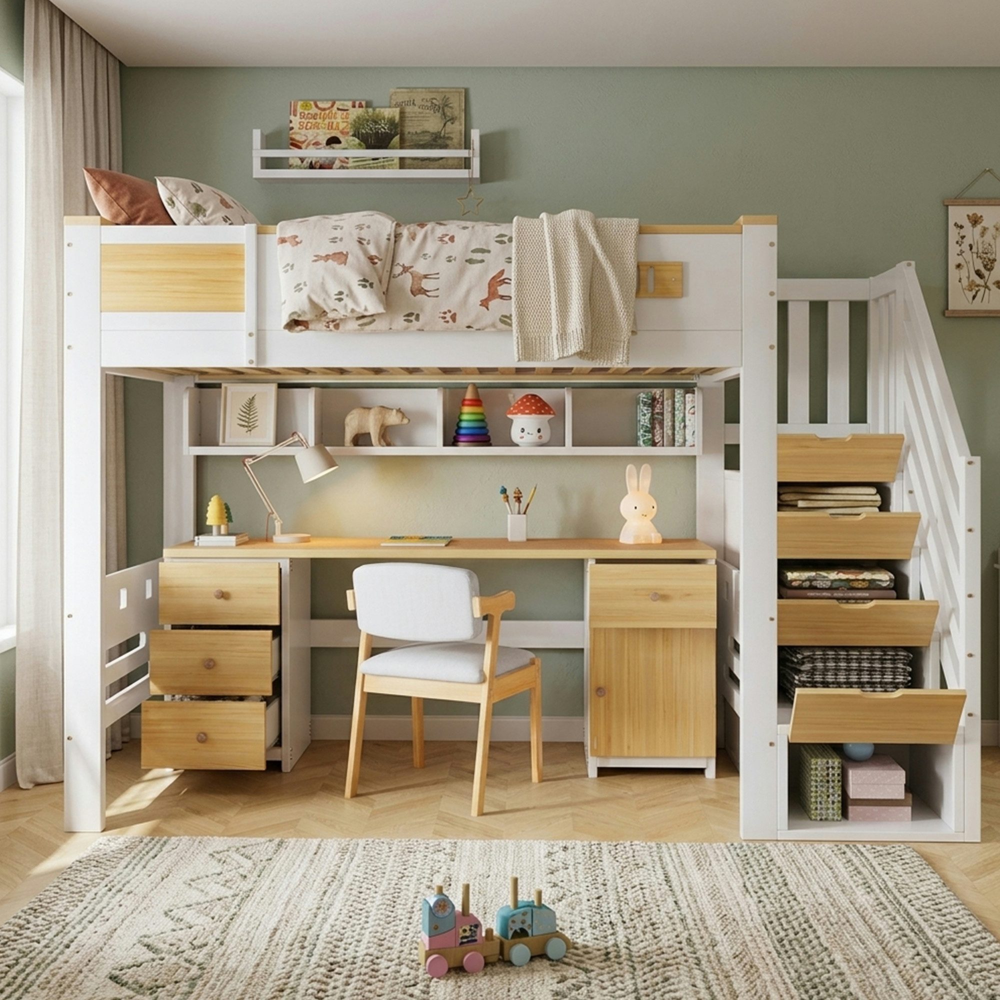 BlingBin Hochbett 90x200cm Kinderhochbett mit Schreibtisch,Stauraumtreppe und Schubladen (6 Packung, 1-St., mit Lattenrost,mehrstufigem Stauraumkonzept und breiter Treppe) Kombiniert Schlafplatz,Lernbereich Aufbewahrung,Ohne Matratze Stuhl