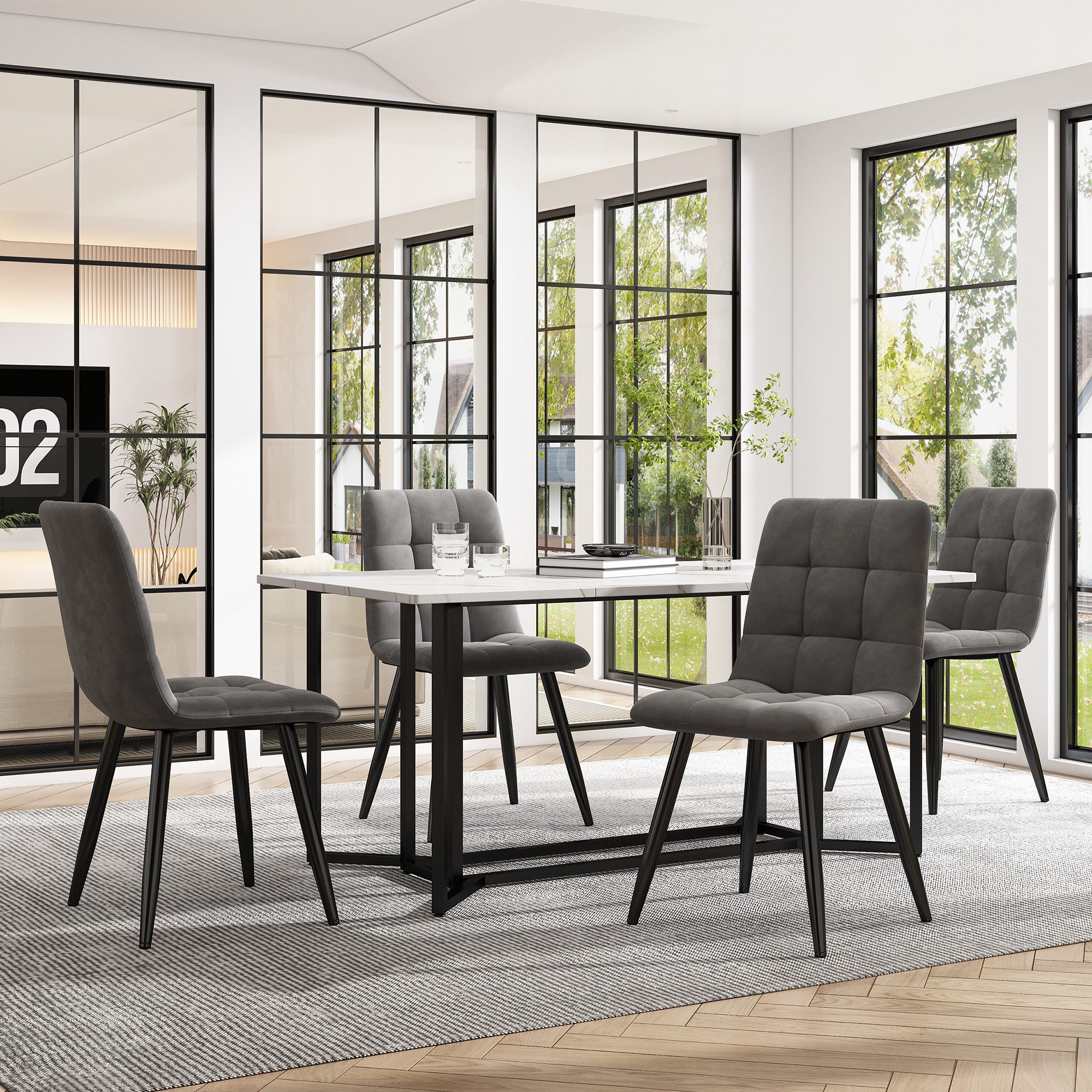 Flieks Essgruppe, (Set, 5-tlg), Esstisch mit 4 Stühlen Set Küchetisch  Esszimmerstuhl Samt, Metallbeine