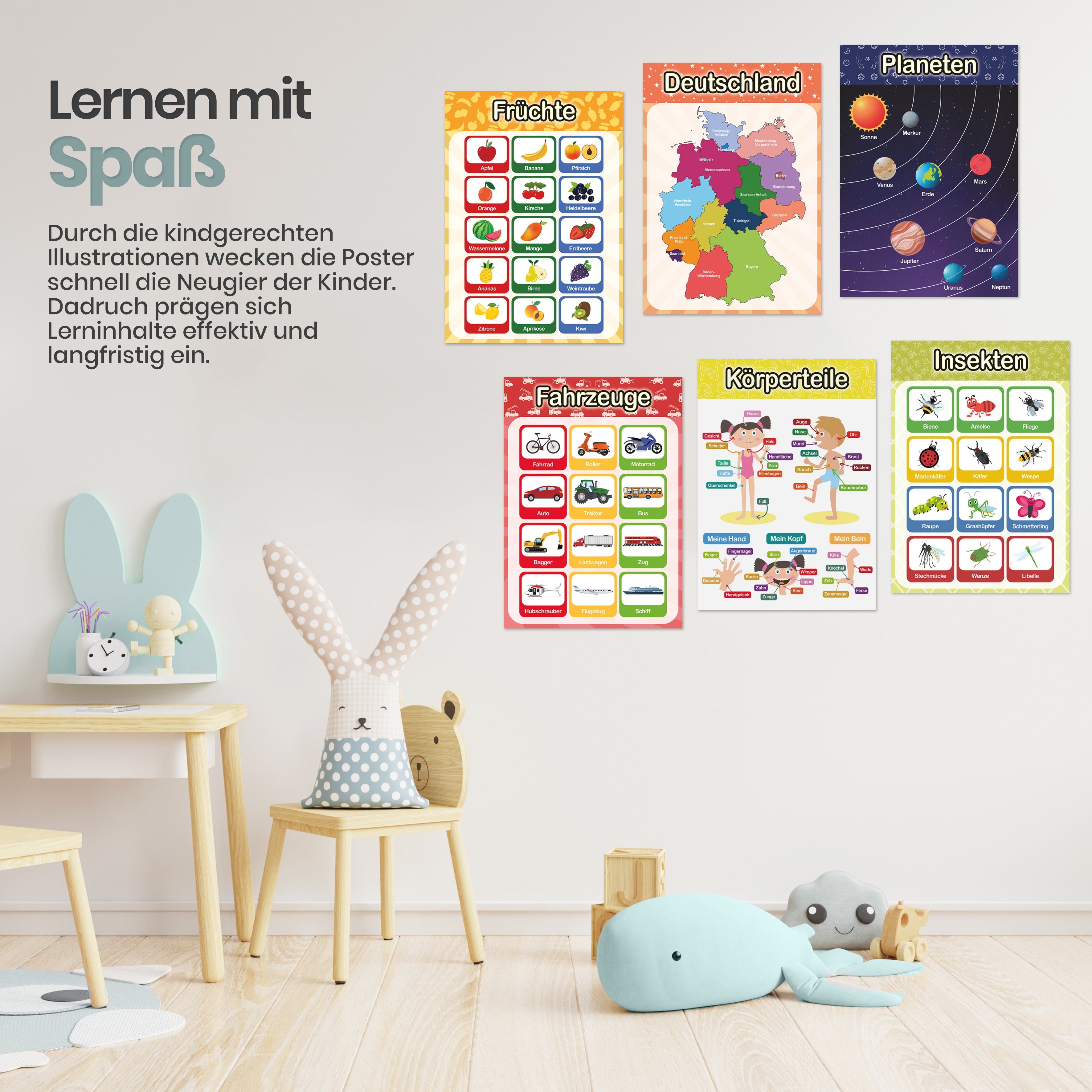 Likarto Poster 12 pädagogische Montessori Lernposter, Grundlagen 2, Extra dickes Papier und beidseitig laminiert, lernen