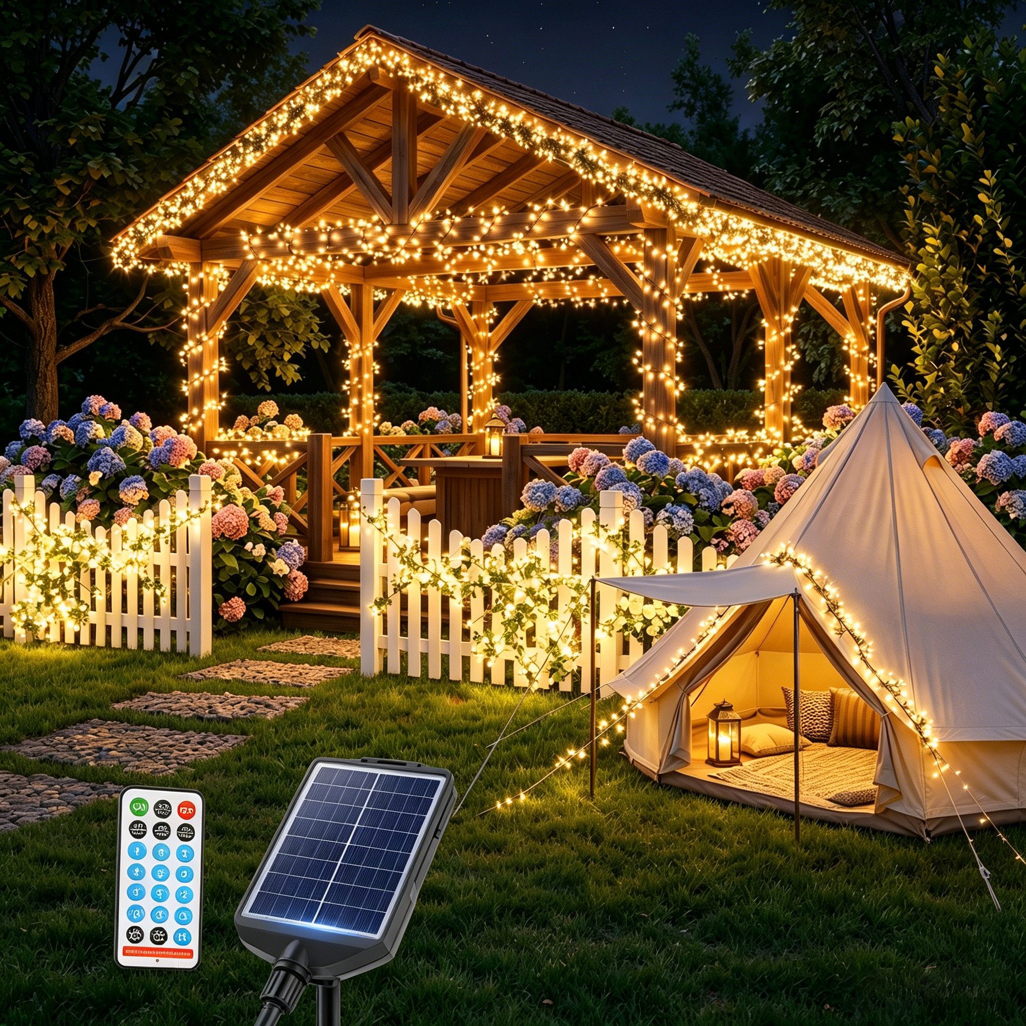 Salcar LED Solarleuchte LED Lichterkette Außen Solar Gartenleuchte für Garten Hochzeit Party, 5,6m 768er LED 13 Modi mit Fernbedienung Warmweiß Wasserdichte